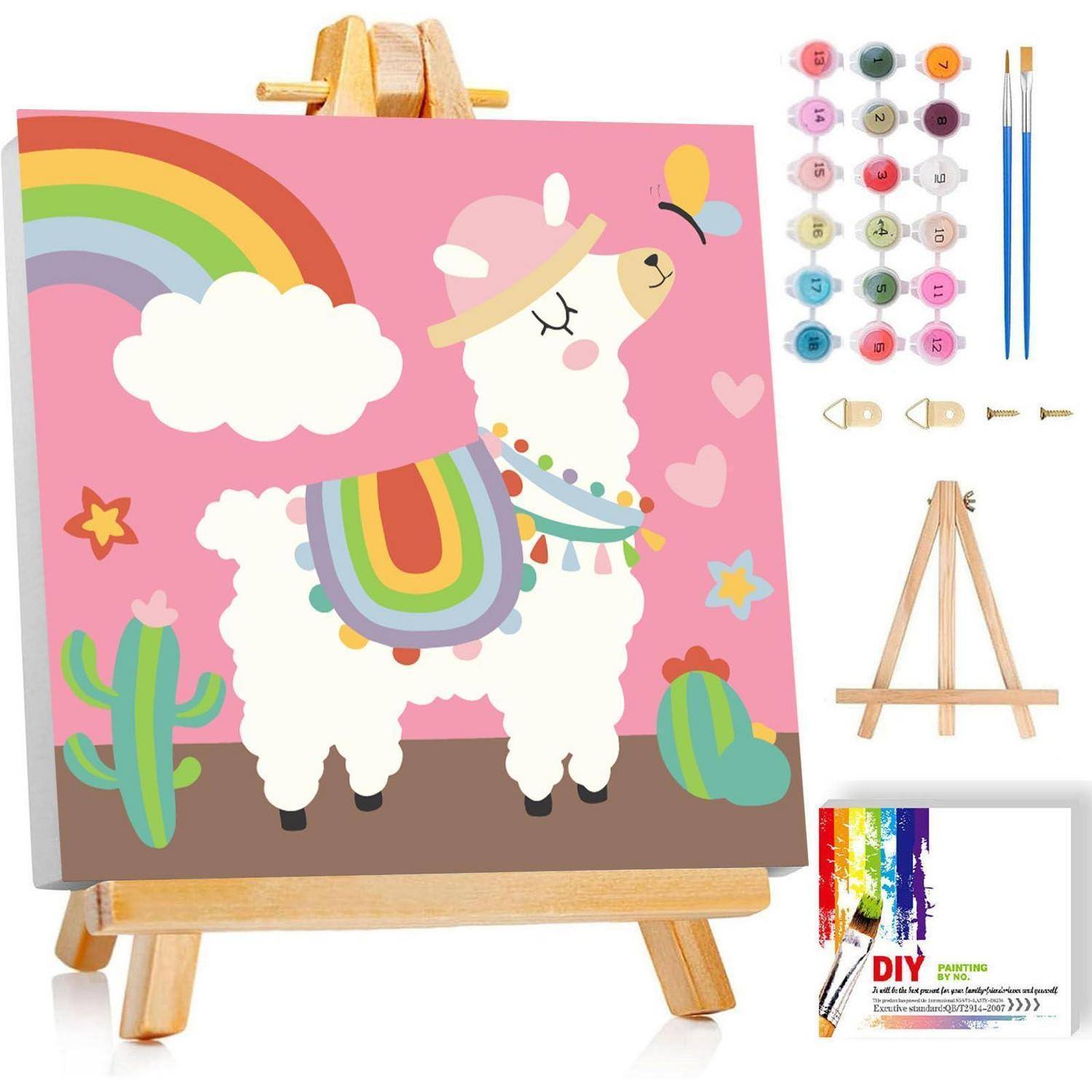 Malen-nach-Zahlen-Set mit einem Lama auf rosafarbenem Hintergrund mit Regenbögen, Wolken, Kakteen und Herzen, zusammen mit Farben, Pinseln, Leinwand und Staffelei.