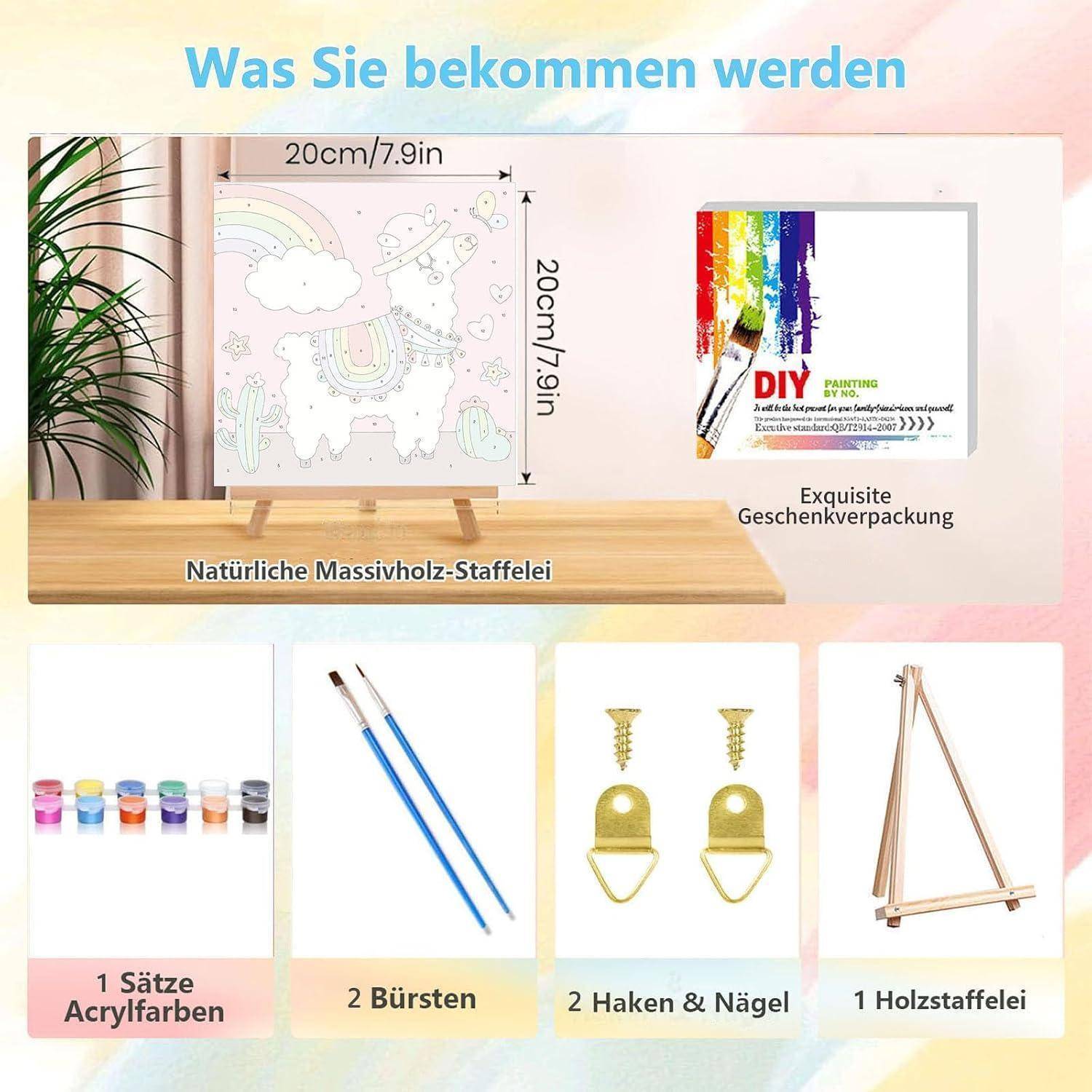 DIY-Malset mit 20 cm x 20 cm Leinwand, Holzstaffelei, Geschenkbox, 1 Satz Acrylfarben, 2 Pinsel und 2 Haken mit Nägeln.