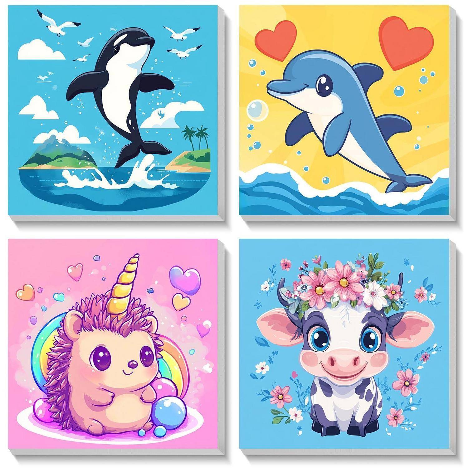 Vier süße Cartoon-Tierillustrationen in einem 2x2-Gitter: springender Orca, lächelnder Delfin mit Herzen, Einhorn-Igel und Kalb mit Blumenkrone.