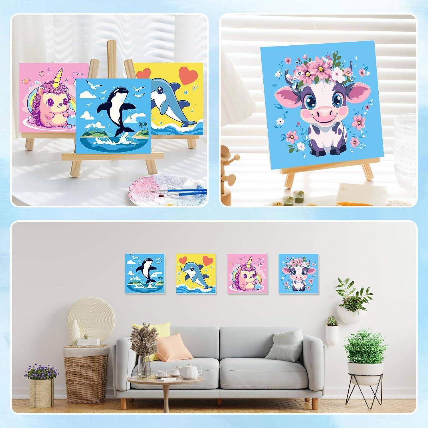 Bunte Tier-Leinwanddrucke für Kinder auf kleinen Staffeleien und zusammen als Wandkunst in einem modernen Wohnzimmer präsentiert.