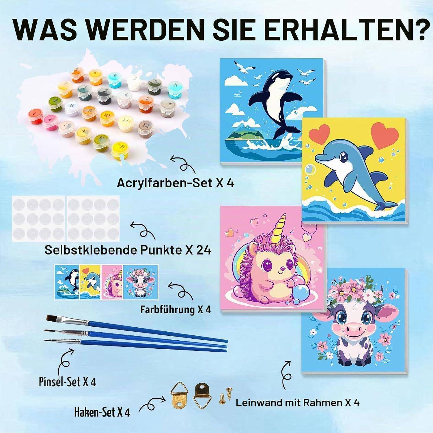 Kitinhalte dargestellt: 4 Acrylfarben-Sets, 24 selbstklebende Punkte, 4 Farbanleitungen, 4 Pinselsätze, 4 Hakensätze und 4 gespannte Leinwände mit Einhorn- und Tiergemälden.