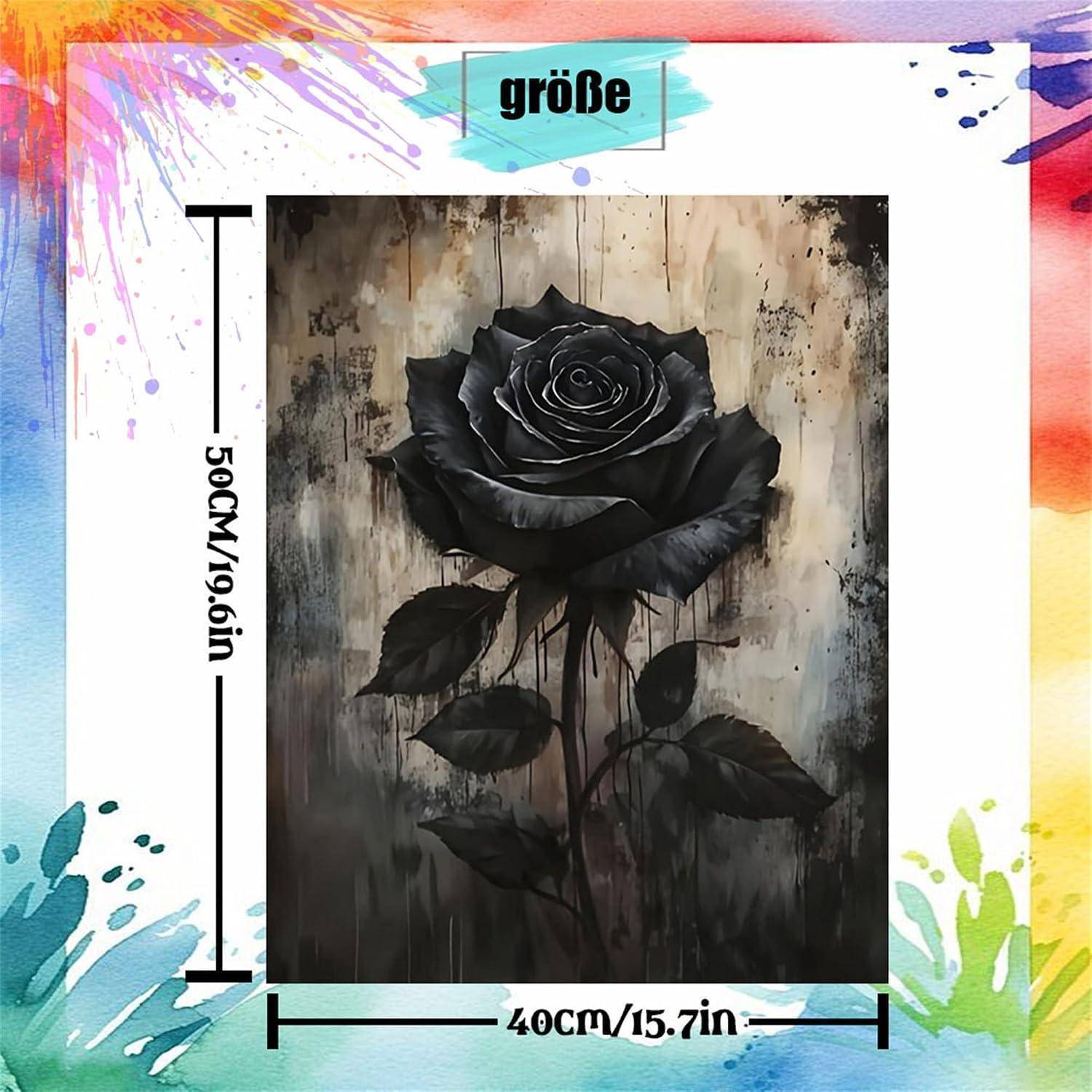 Produktbild eines schwarzen Rosen-Wandkunstdrucks mit der Beschriftung „Größe