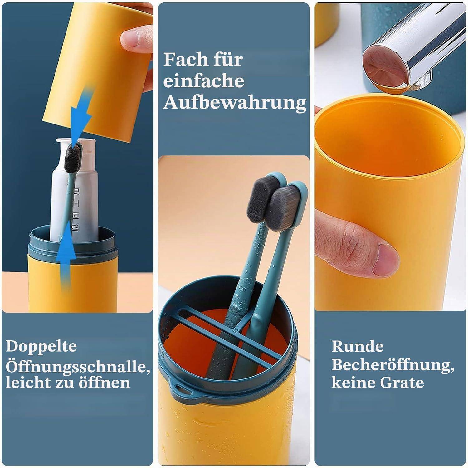Werbegrafik eines gelben zylindrischen Behälters mit doppeltem Öffnungskanal und glatter runder Becheröffnung, die einfache Lagerung von Pinseln oder Werkzeugen zeigt; deutscher Text hebt „Doppelte Öffnungschanne, leicht zu öffnen
