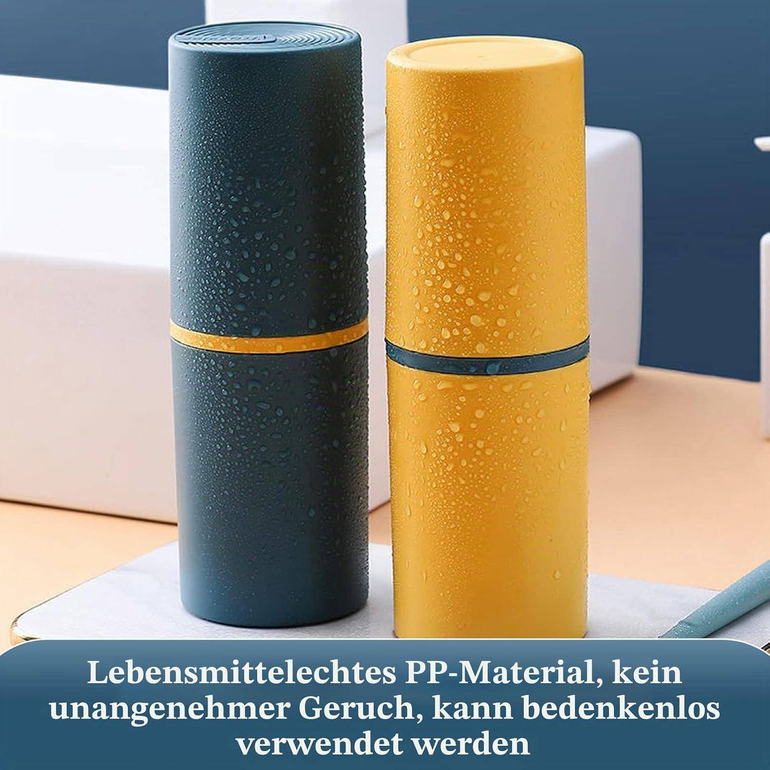 Zwei zylindrische wiederverwendbare Behälter in Dunkelblau und Gelb, gezeigt mit deutschem Text, der besagt, dass sie aus lebensmittelechtem PP-Material hergestellt sind, geruchlos und sicher zu verwenden.