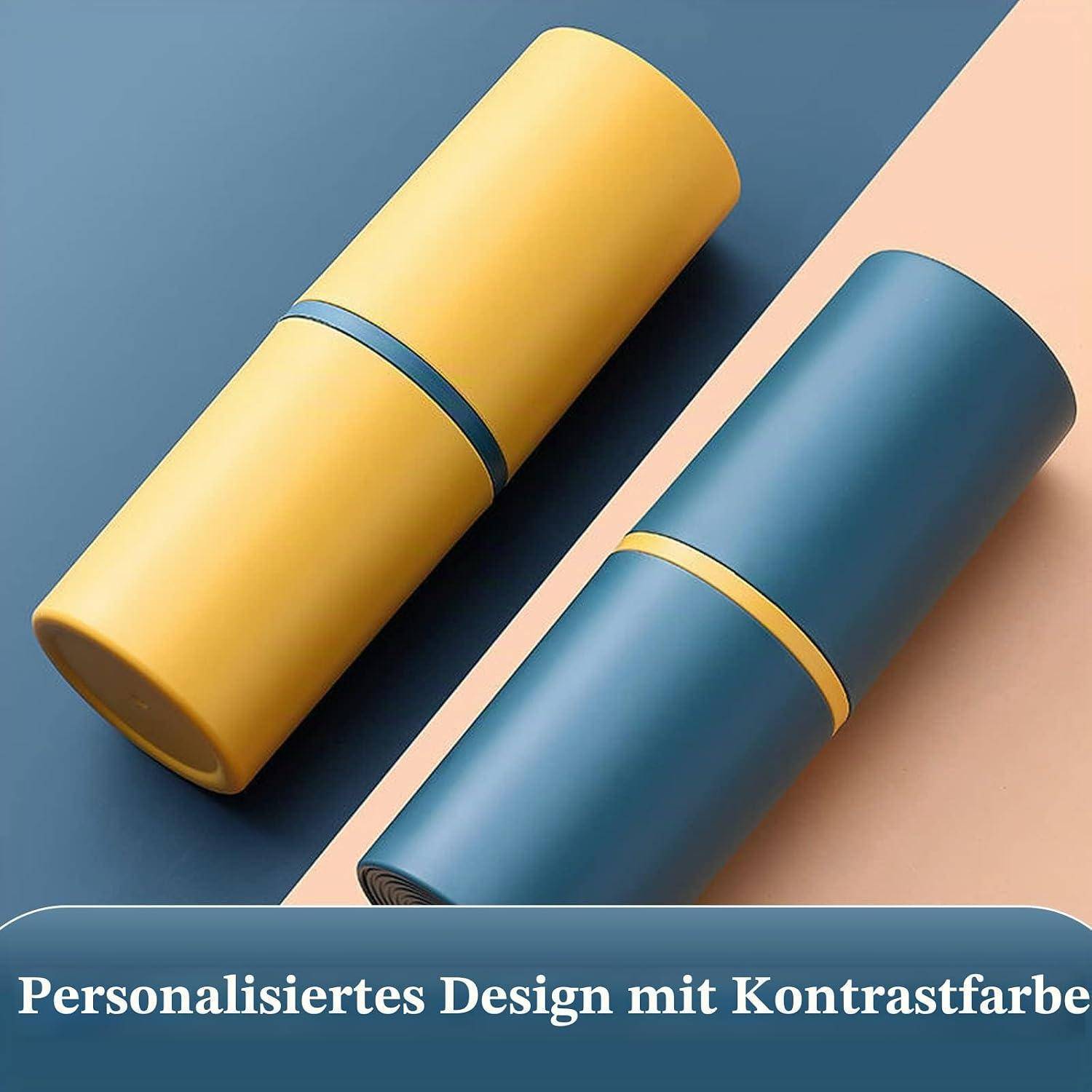 Zwei zylindrische Kosmetiktüben in Gelb und Blau auf geteiltem blauem und beigem Hintergrund, mit deutschem Text „Personalisiertes Design mit Kontrastfarbe