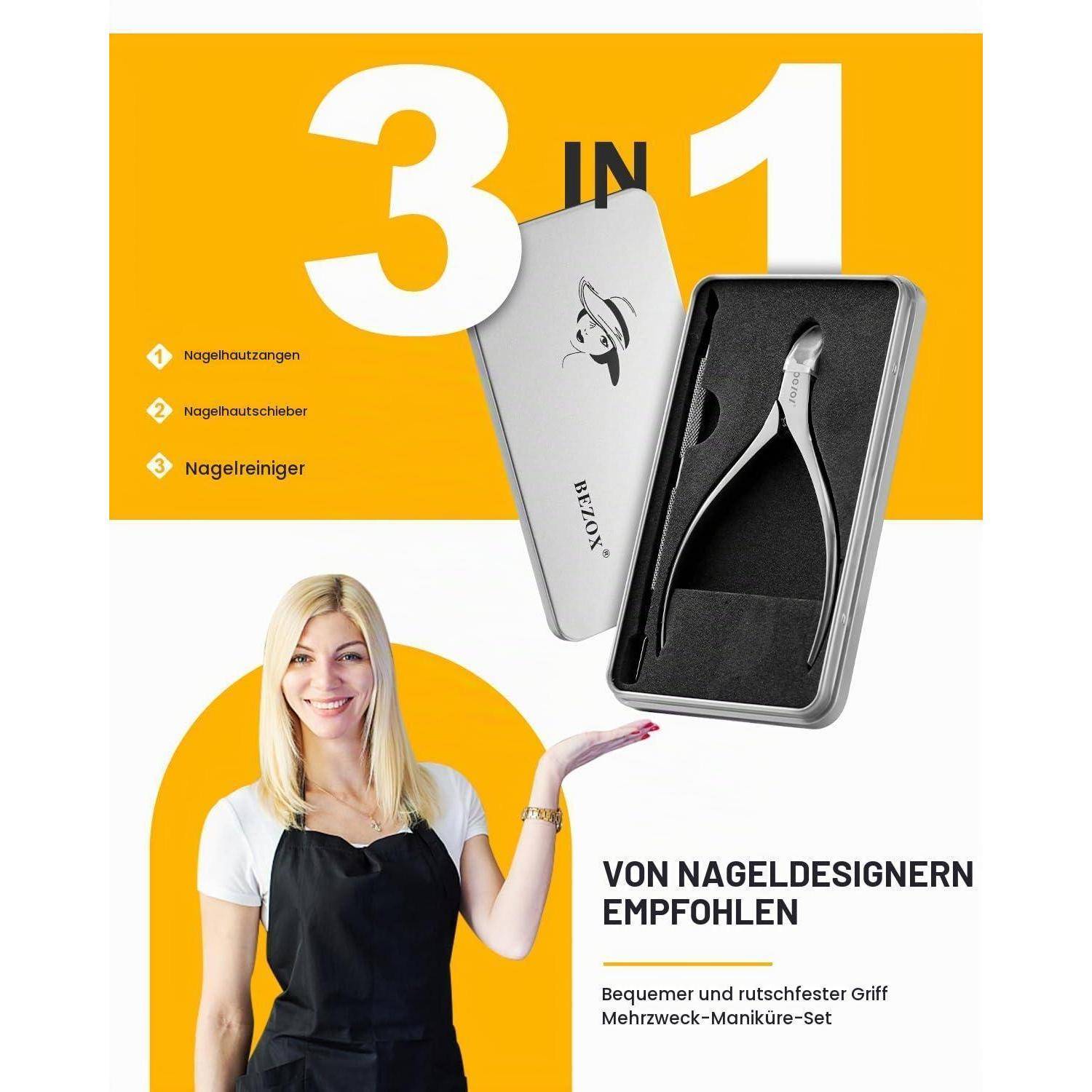 Anzeige für ein 3-in-1-Maniküre-Set mit Nagelschere in einem Etui und einer lächelnden Frau, die es präsentiert, mit deutschem Text „Von Nageldesignern empfohlen