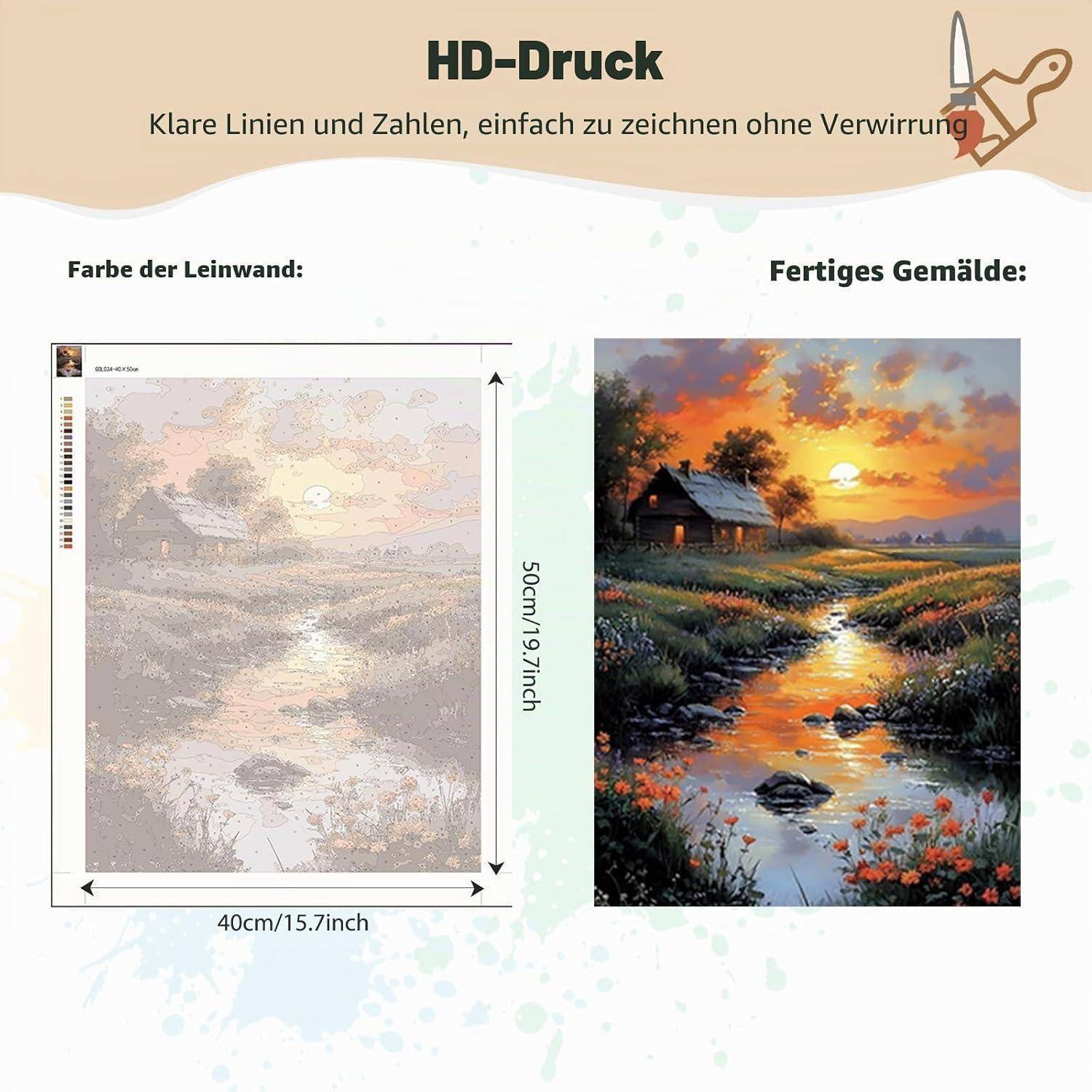 HD-Druck-Vergleich mit einer Malen-nach-Zahlen-Leinwand auf der linken Seite und dem fertigen Sonnenuntergangslandschaftsgemälde auf der rechten Seite, mit Abmessungen von 40 cm mal 50 cm.