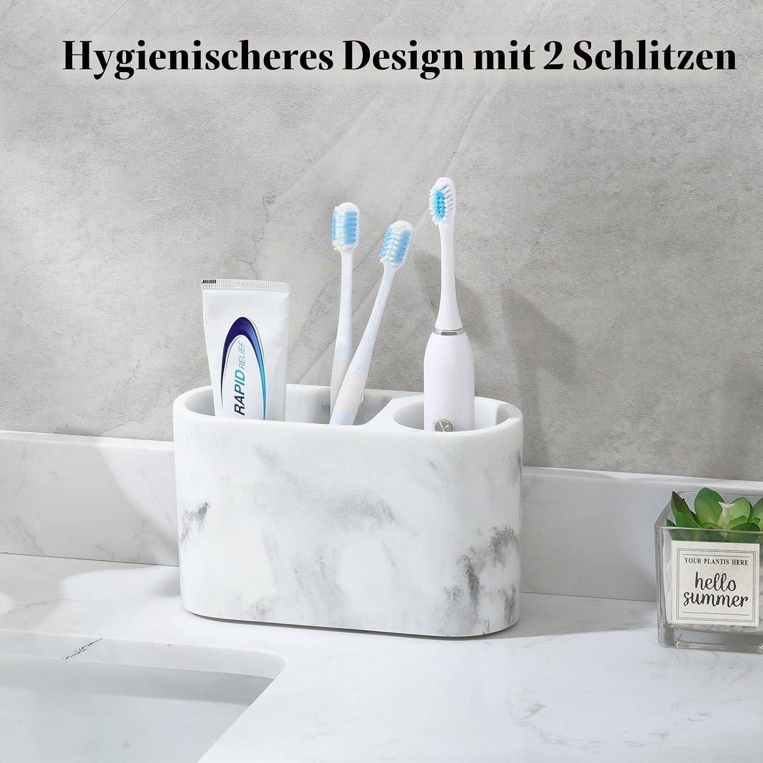 # Marmoroptik-Badezimmer-Arbeitsplatte-Organizer mit Zahnpasta und drei Zahnbürsten, mit deutschem Text „Hygienischeres Design mit 2 Schlitzen