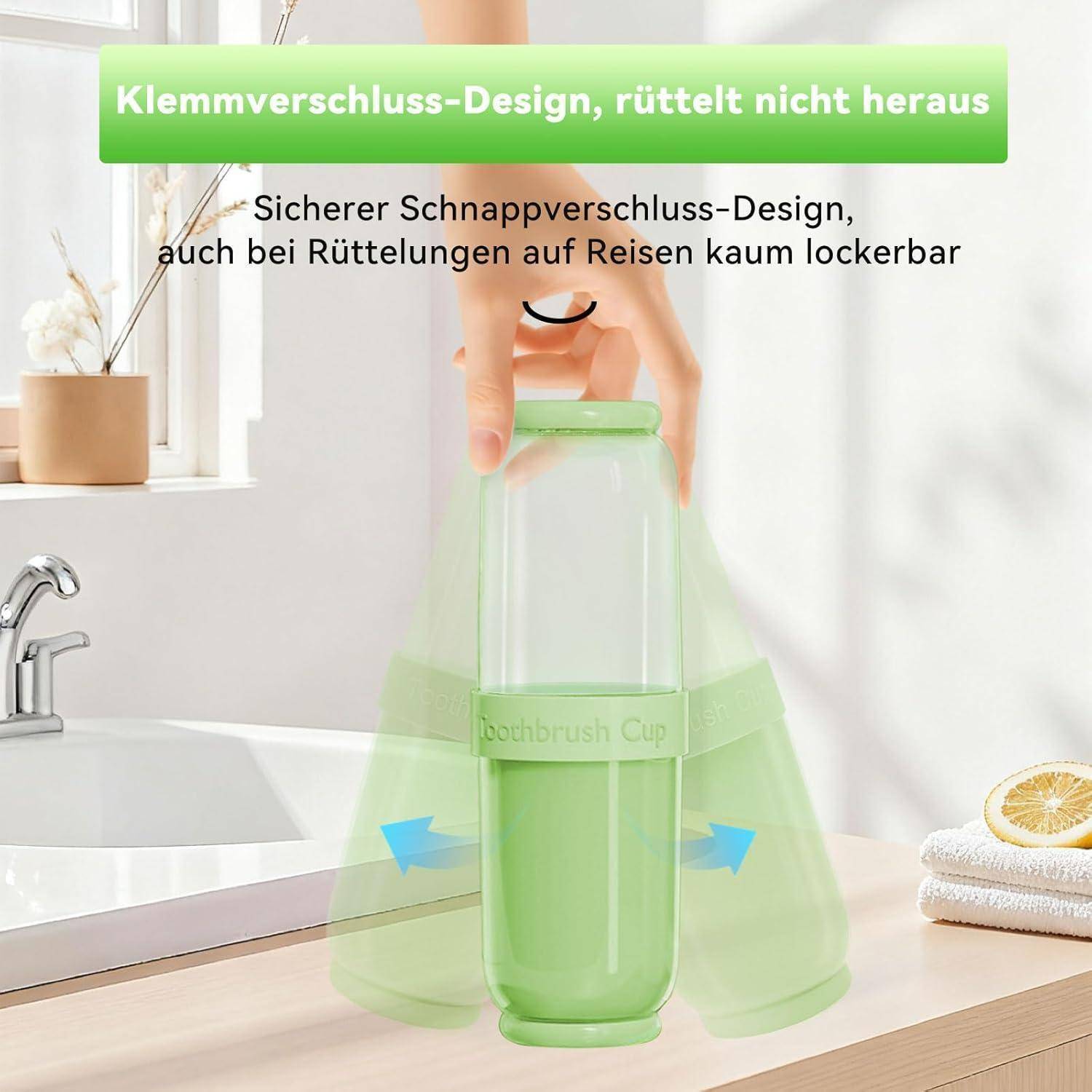 Grüne Zahnbürsten-Reisebecher mit Schnappverschluss-Deckel; deutscher Text besagt „Klemmverschluss-Design, rüttelt nicht heraus
