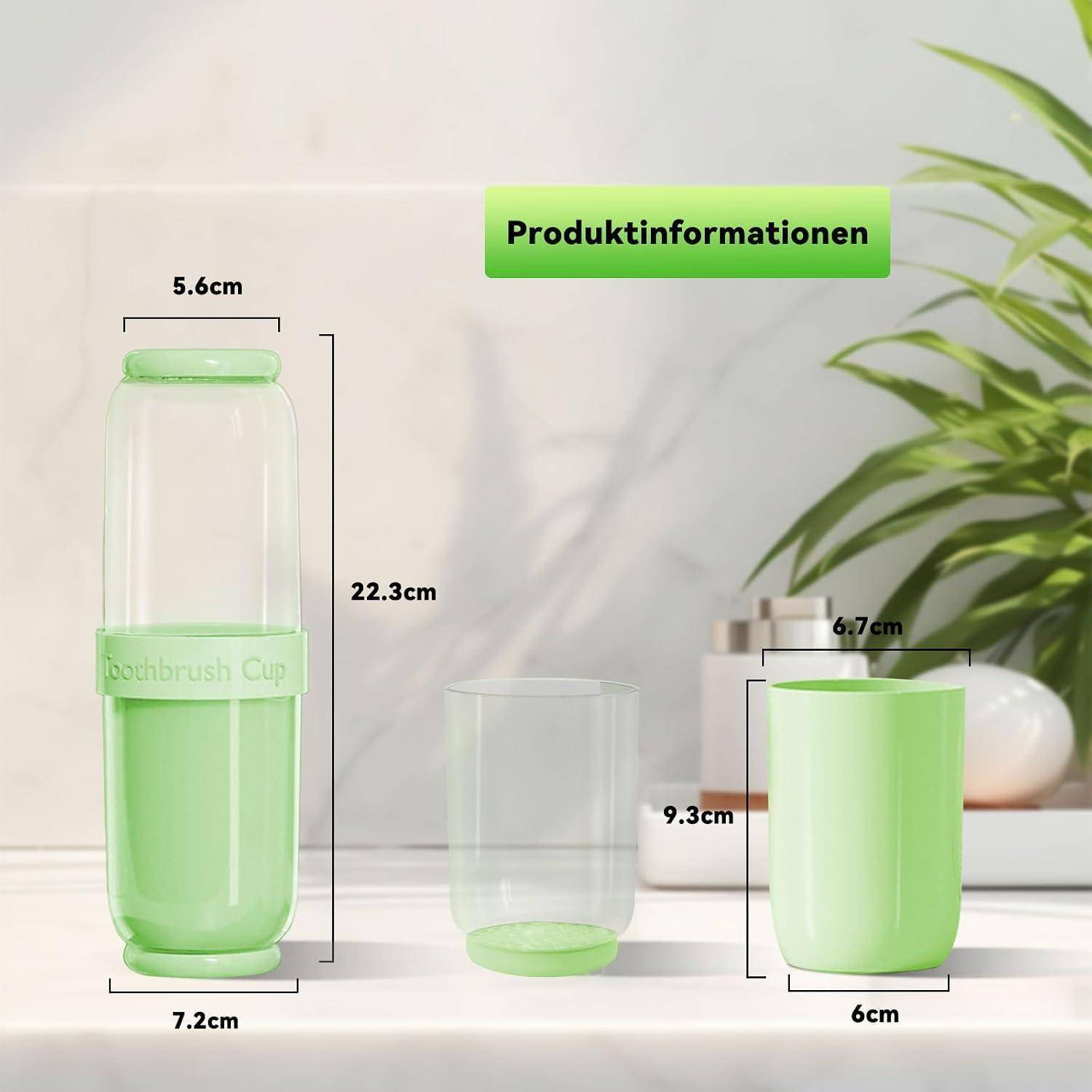 Produktinformationsgrafik, die einen grünen Zahnbürstenbecher mit den Abmessungen 22,3 cm hoch, 7,2 cm breit zeigt; ein kleinerer Becher 9,3 cm hoch, 6 cm breit; obere Breite 5,6 cm und 6,7 cm.
