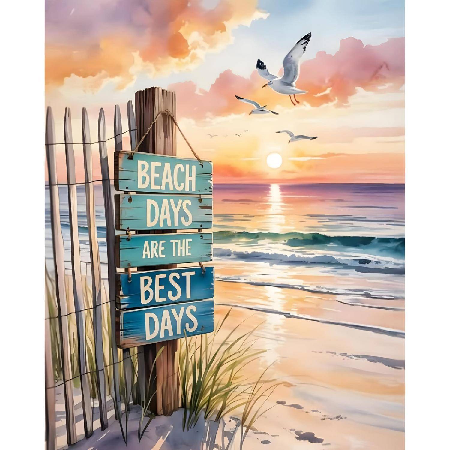 Strandszene bei Sonnenaufgang mit einem Holzschild, auf dem „STRANDTAGE SIND DIE BESTEN TAGE