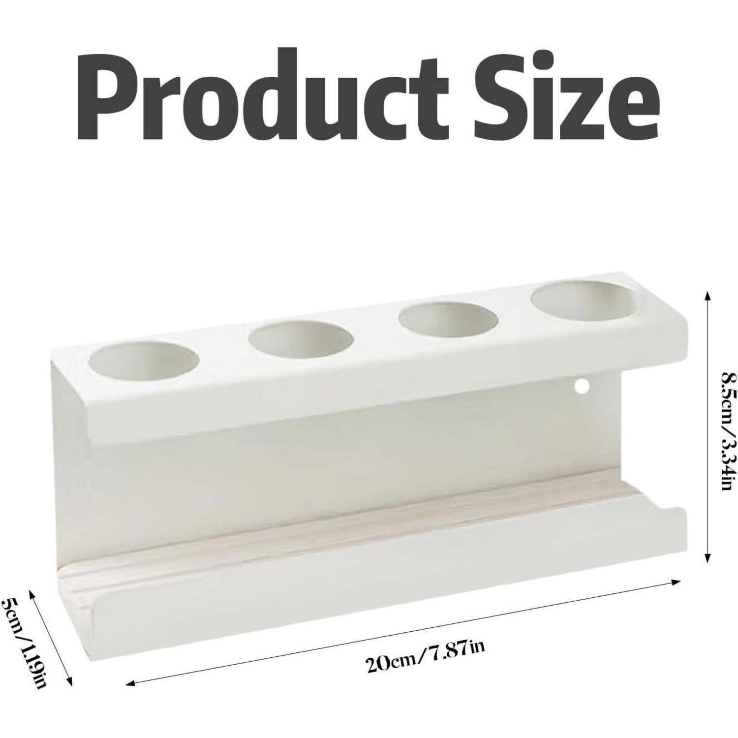 Produktgrößendiagramm einer weißen Vier-Fach-Halterung, gekennzeichnet mit 20 cm Breite, 8,5 cm Höhe und 5 cm Tiefe.