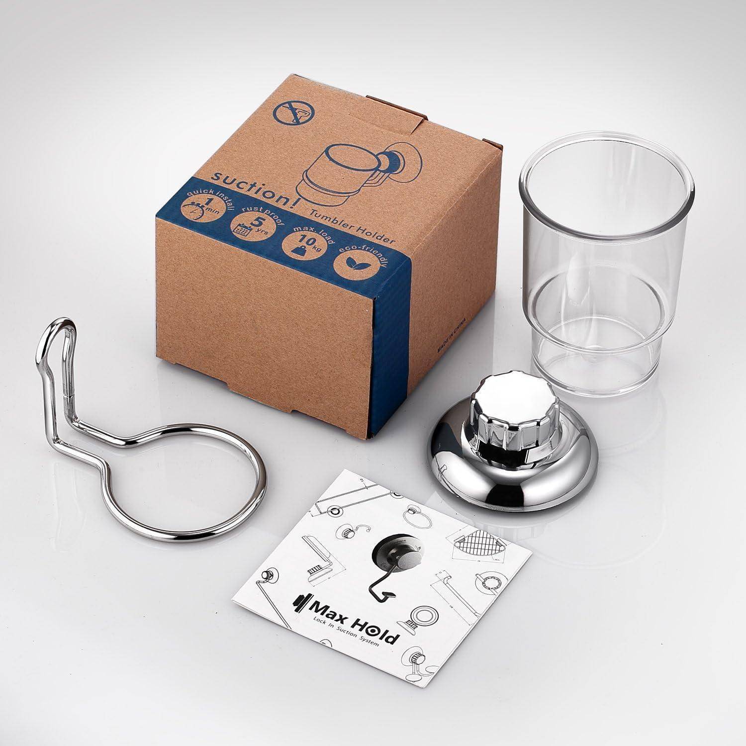 Badezimmer-Becherhalter-Set mit klarem Glaskupfer, verchromter Wandhalterung, Metallringhalter und Verpackungskarton mit der Aufschrift „Saugnapf-Becherhalter