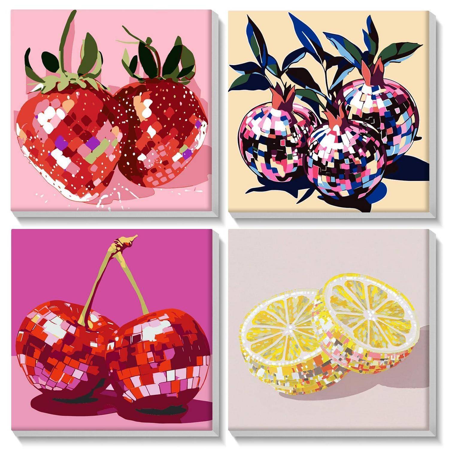 Vier Pop-Art-Fruchtgemälde: Erdbeeren, Beeren, Kirschen und Zitronenscheiben in farbenfrohom Mosaikstil auf quadratischen Leinwänden.
