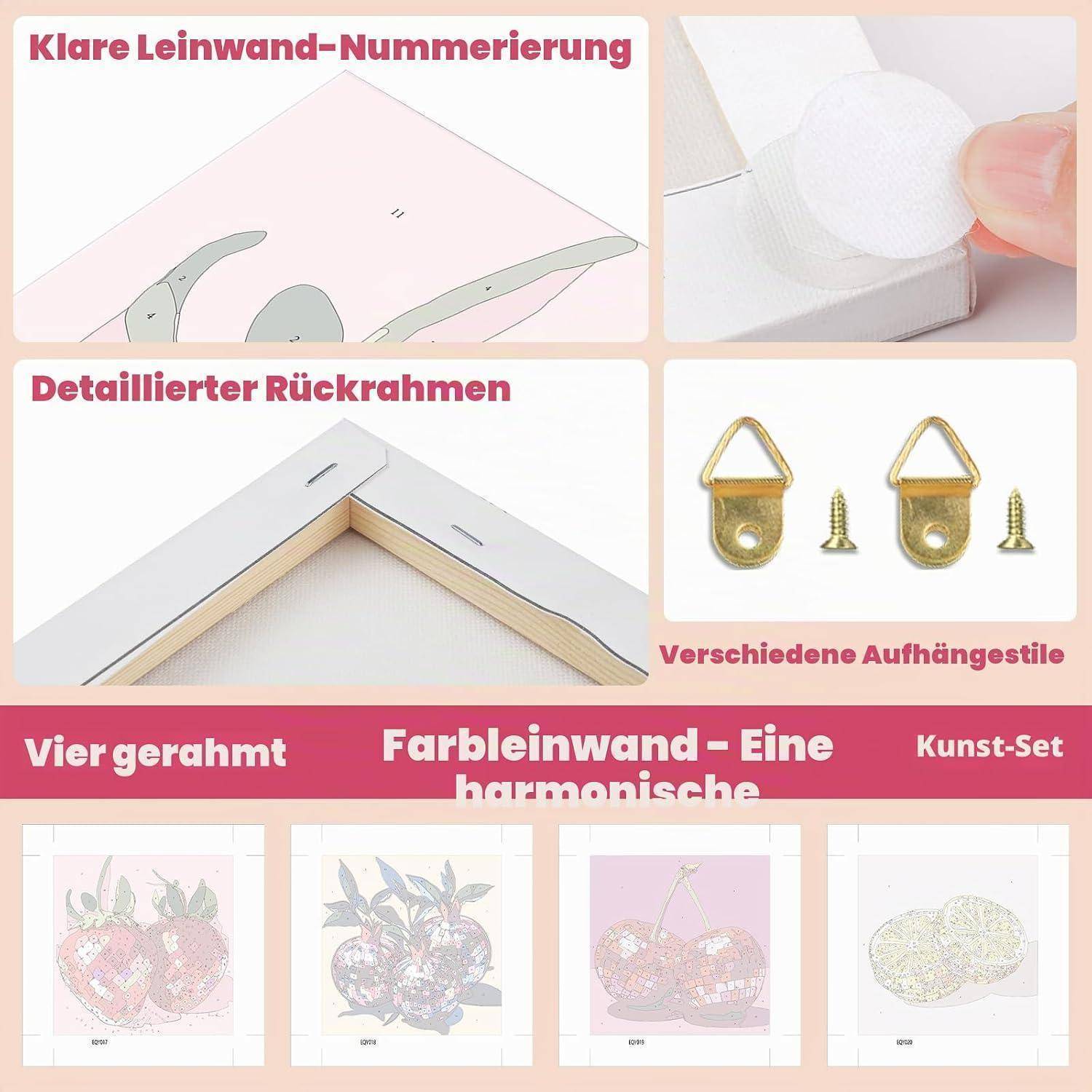 Collage mit Eigenschaften von Leinwanddrucken: klare Nummerierung, detaillierter Spannrahmen, Aufhängehardware und vier gerahmte Kunstwerk-Beispiele.