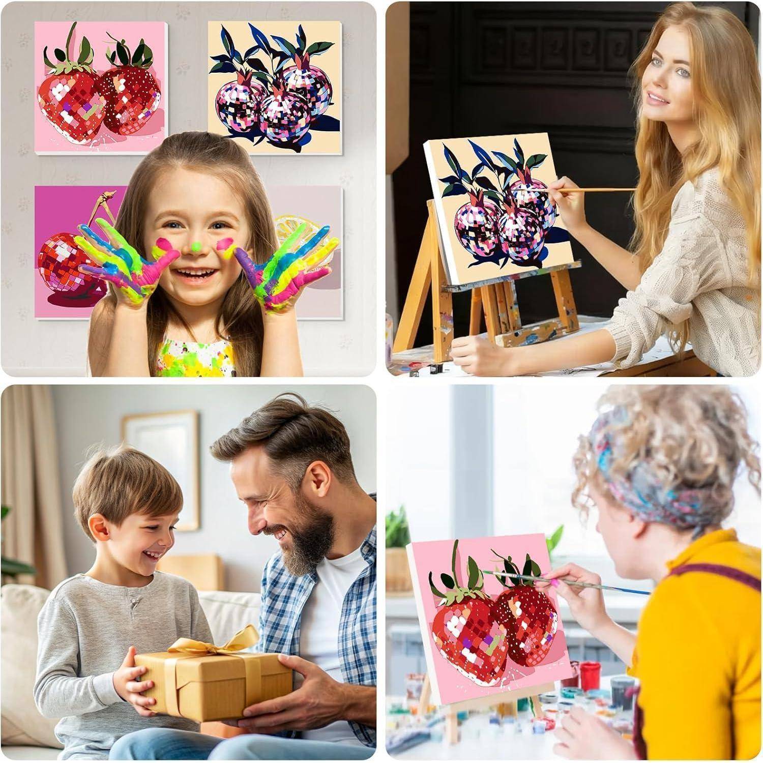 Collage von Menschen, die bunte Erdbeerkünstwerke malen: ein lächelndes Mädchen mit malverschmierten Händen, eine Frau an einer Staffelei, ein Junge, der ein Geschenk mit einem Mann auspackt, und ein Kind, das an einem Tisch malt.