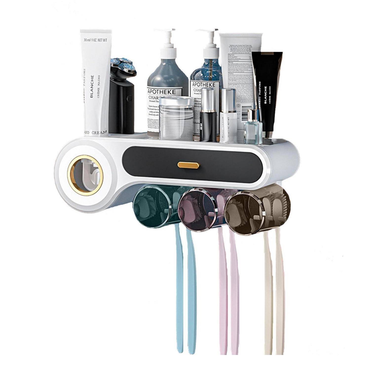 Wandmontierter Organizer mit Skincare-Flaschen, Gläsern, Tuben und Sonnenbrillen, mit Haken zum Aufhängen von Accessoires.