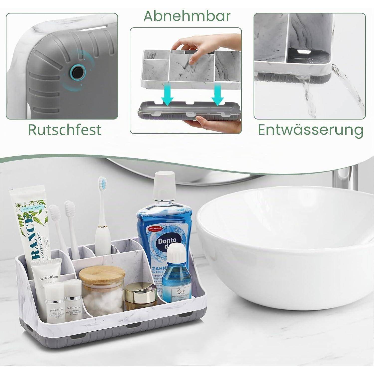 Weiße Badezimmer-Organizer-Schale mit Fächern neben einer Schüssel, mit Funktionshinweisen auf Deutsch für rutschfeste, abnehmbare und drainierende Basis.