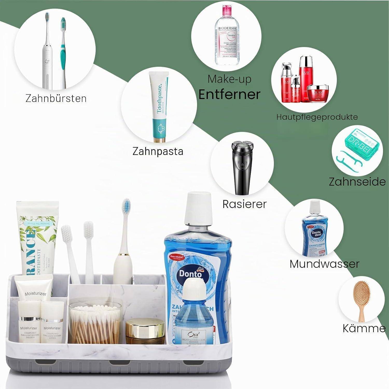 Infografik eines Badezimmer-Organizer-Tabletts mit beschrifteten Kreisen für Toilettenartikel: Zahnbürsten, Zahnpasta, Make-up-Entferner, Hautpflegeprodukte, Zahnseide, Rasierer, Mundwasser und Kämme.