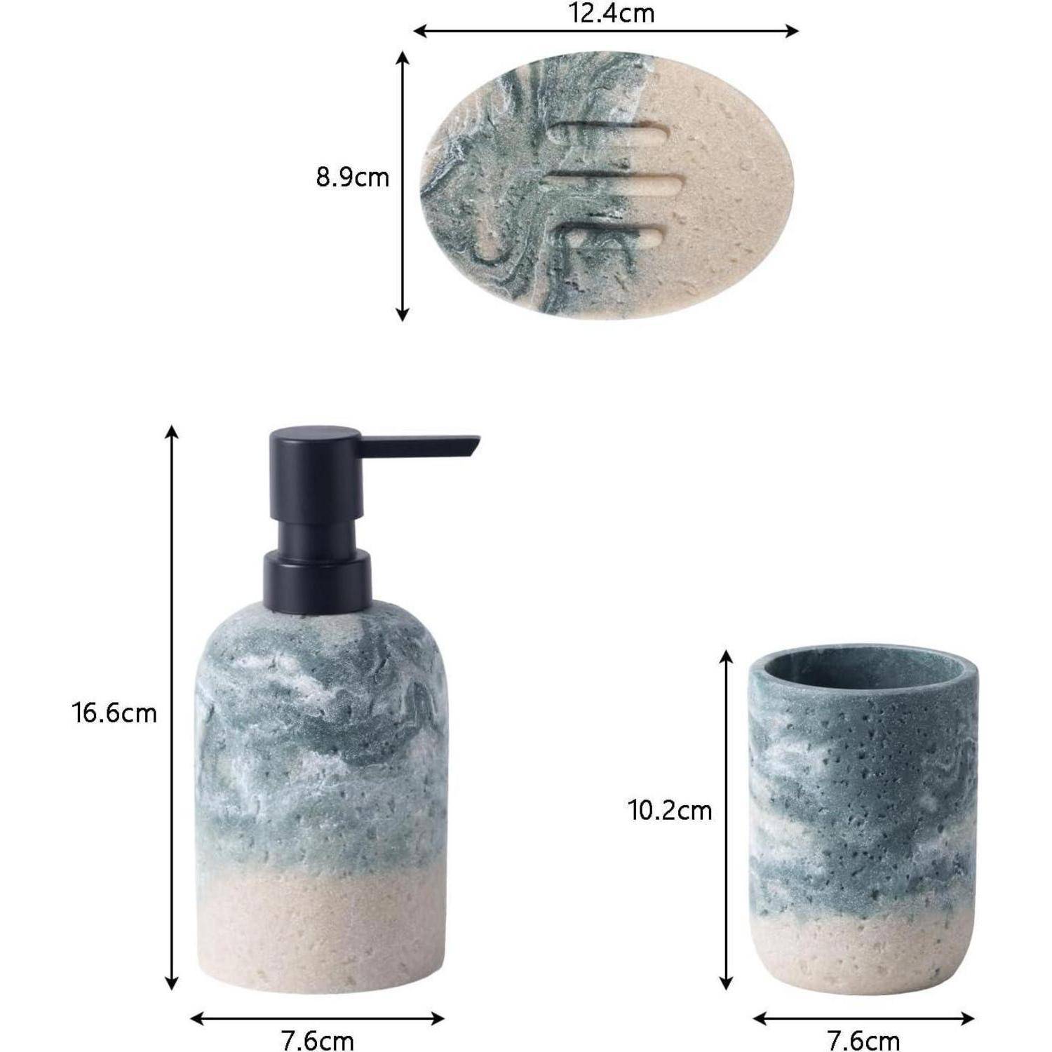 Größendiagramm des Produkts mit einem Seifenspender und einem passenden Becher in grauer und beige Steinoptik, mit beschrifteten Abmessungen von 16,6 cm Höhe, 7,6 cm Breite, 10,2 cm Becherhöhe und 12,4 x 8,9 cm Draufsicht.