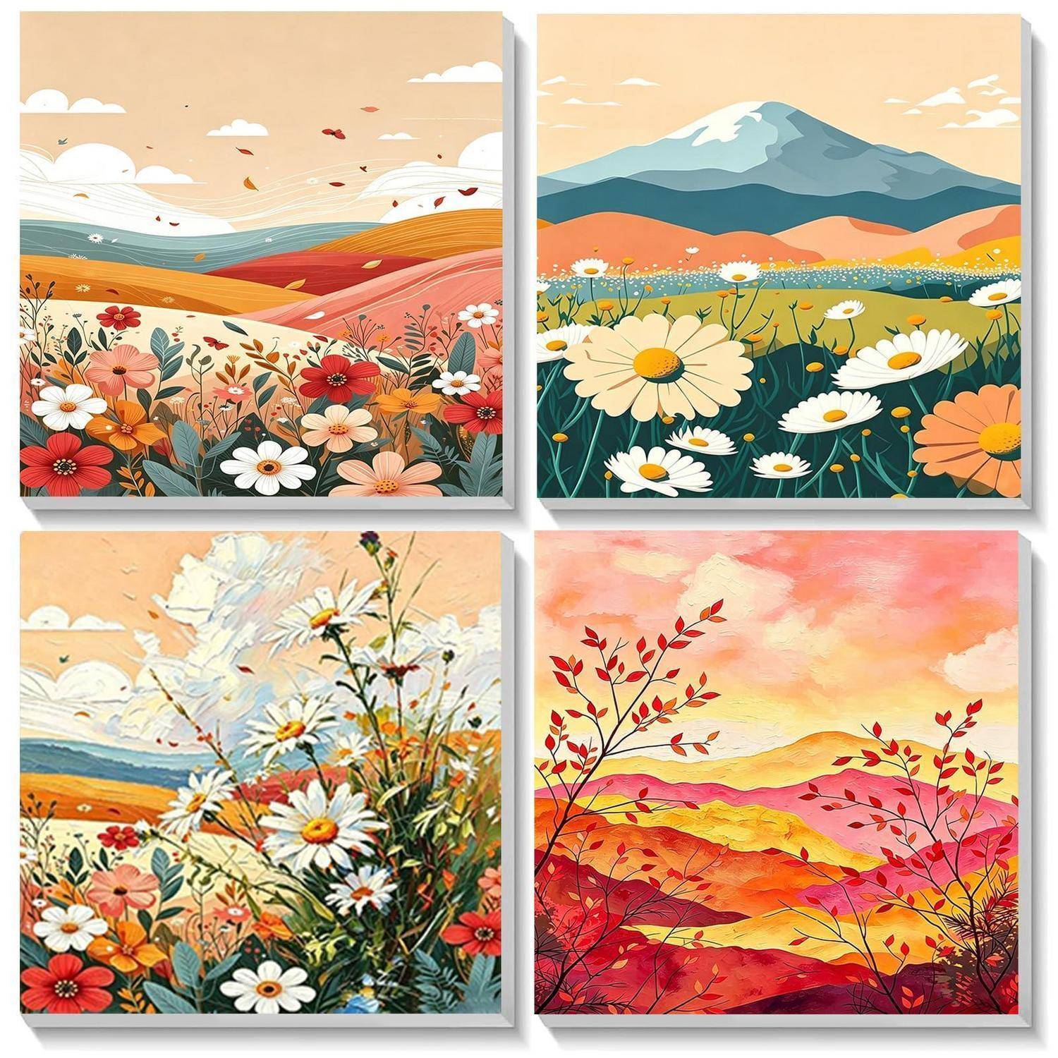 Vier quadratische florale Landschaftsmalereien mit Gänseblümchen und Wildblumen in farbenfrohen Feldern, Hügeln und Bergen unter warmen Himmel.