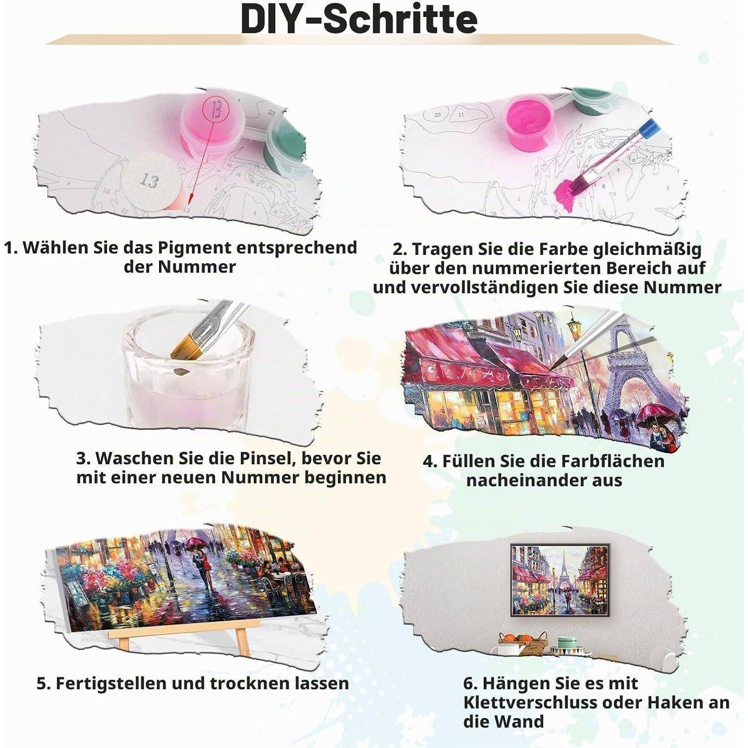DIY-Schritte für ein Malen-nach-Zahlen-Wandkunstprojekt: wählen Sie den passenden Farbton aus, füllen Sie die nummerierten Bereiche aus, spülen Sie die Pinsel, vollenden Sie das Gemälde und hängen Sie es dann an die Wand.