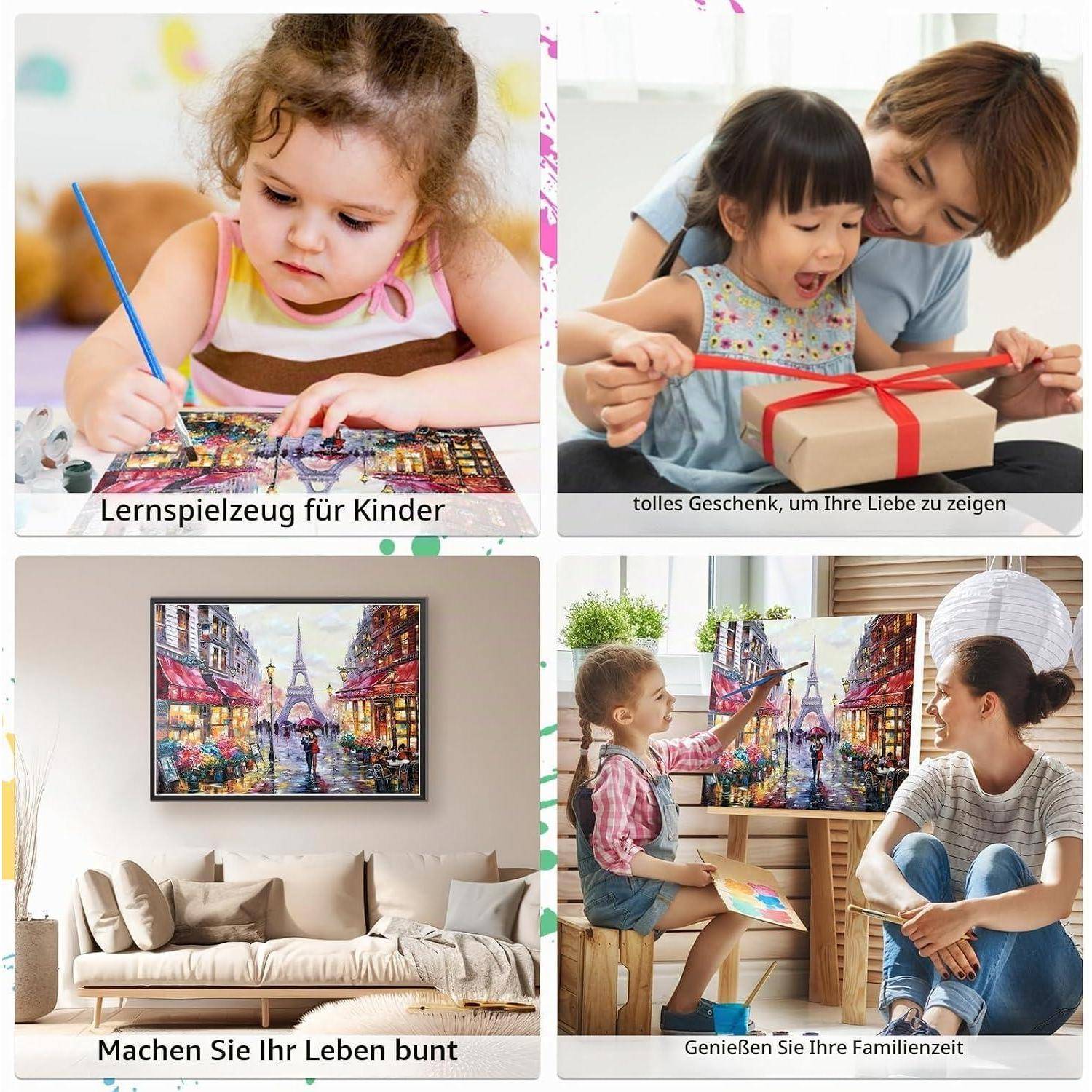 Vier Lifestyle-Bilder zeigen ein Kind beim Malen, einen Elternteil und ein Kind beim Öffnen eines Geschenks, eine farbenfrohe Stadtlandschaft in einem Wohnzimmer und eine Familie, die gemeinsam Zeit verbringt.