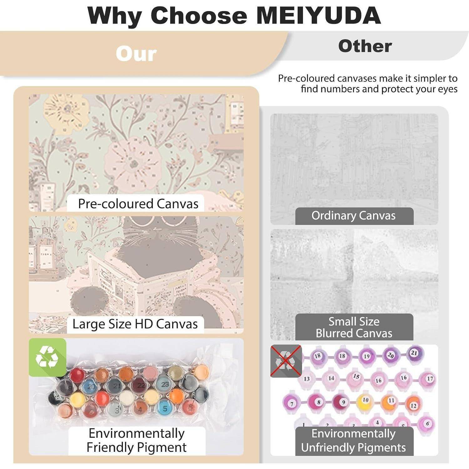 Vergleichs-Infografik mit MEIYUDAs vorgebärbter, großer HD-Leinwand und umweltfreundlichem Pigment gegenüber gewöhnlichen unscharfen, kleinen, umweltschädlichen Leinwänden.