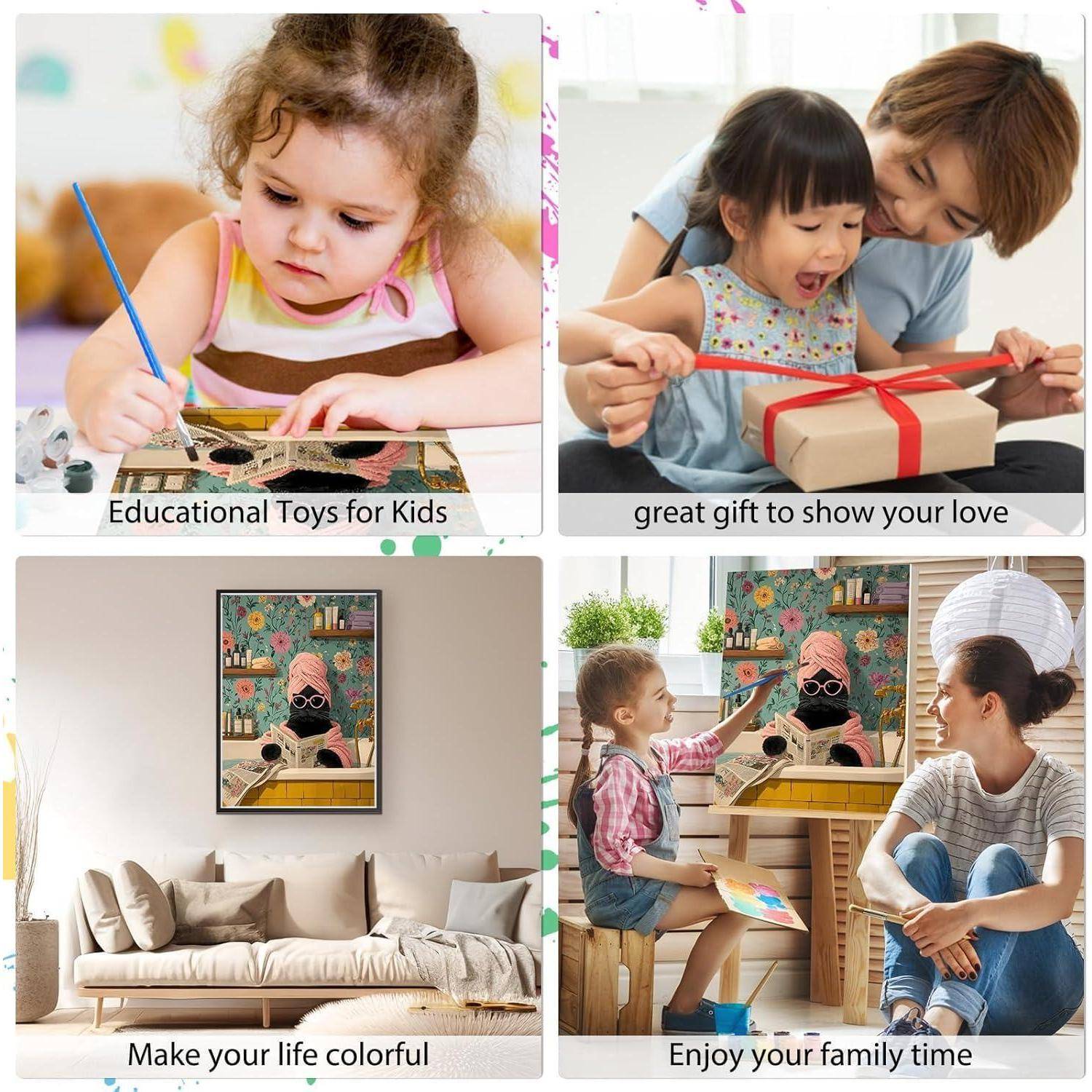 Collage aus vier Lifestyle-Szenen mit Bildunterschriften: Kind spielt mit Lernspielzeug, Kind erhält ein Geschenk, bunte Wohnzimmereinrichtung und Familie verbringt Zeit zusammen.