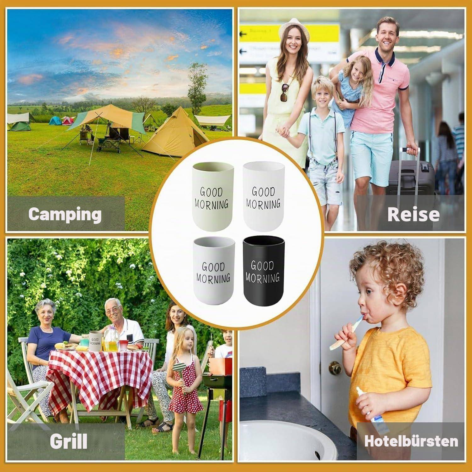 Collage von Camping, Reisen, Grillen und Hotel-Zahnbürstertassen mit der Aufschrift „GUTEN MORGEN