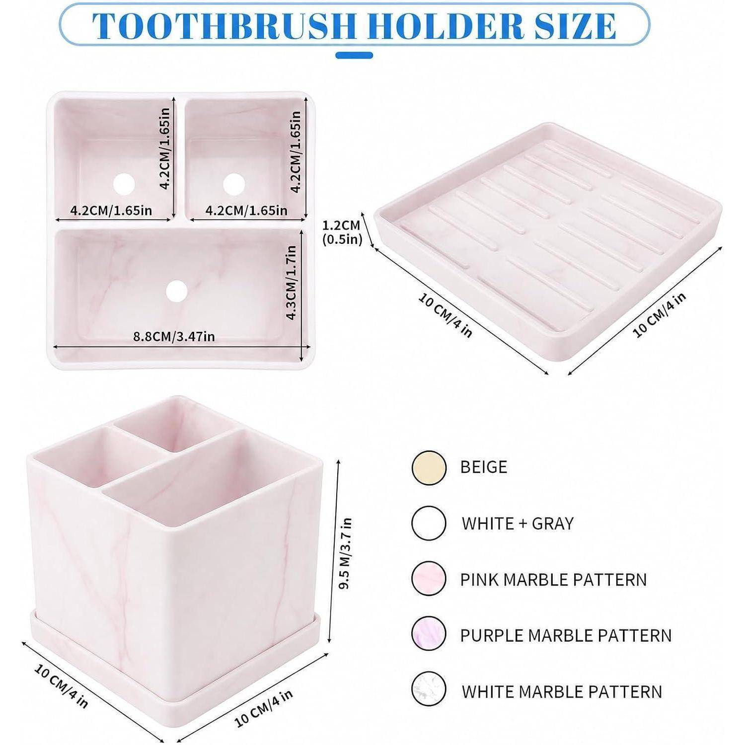 Produktgrößentabelle für einen Zahnbürstenhalter: quadratisches Tablett 10 cm × 10 cm × 1,2 cm; Becher 9,5 cm hoch mit 10 cm Basis und zwei 4,2 cm Fächern.