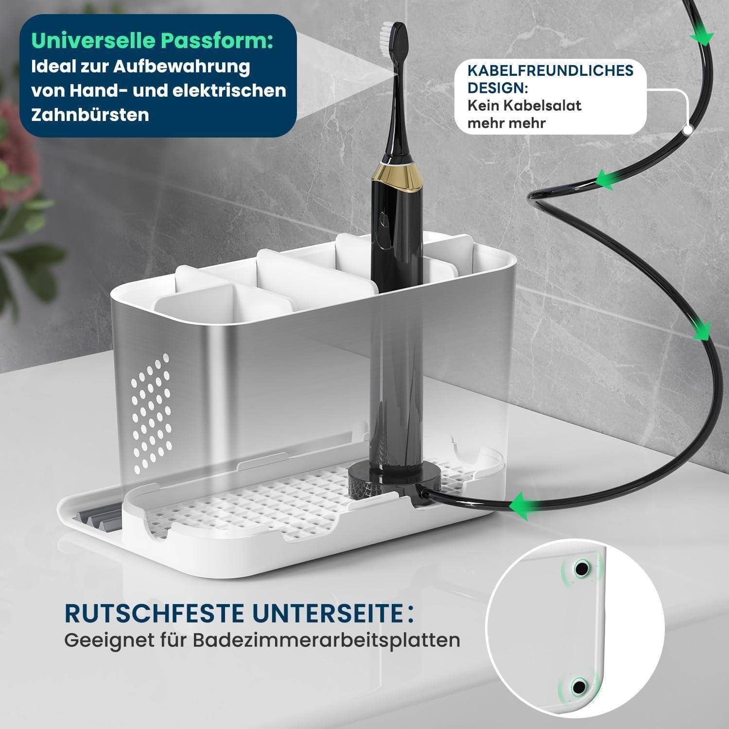 Elektrische Zahnbürsten-Halterung mit universellen Fächern, kabelfreundlichem Design und rutschfester Basis für Badezimmertische.