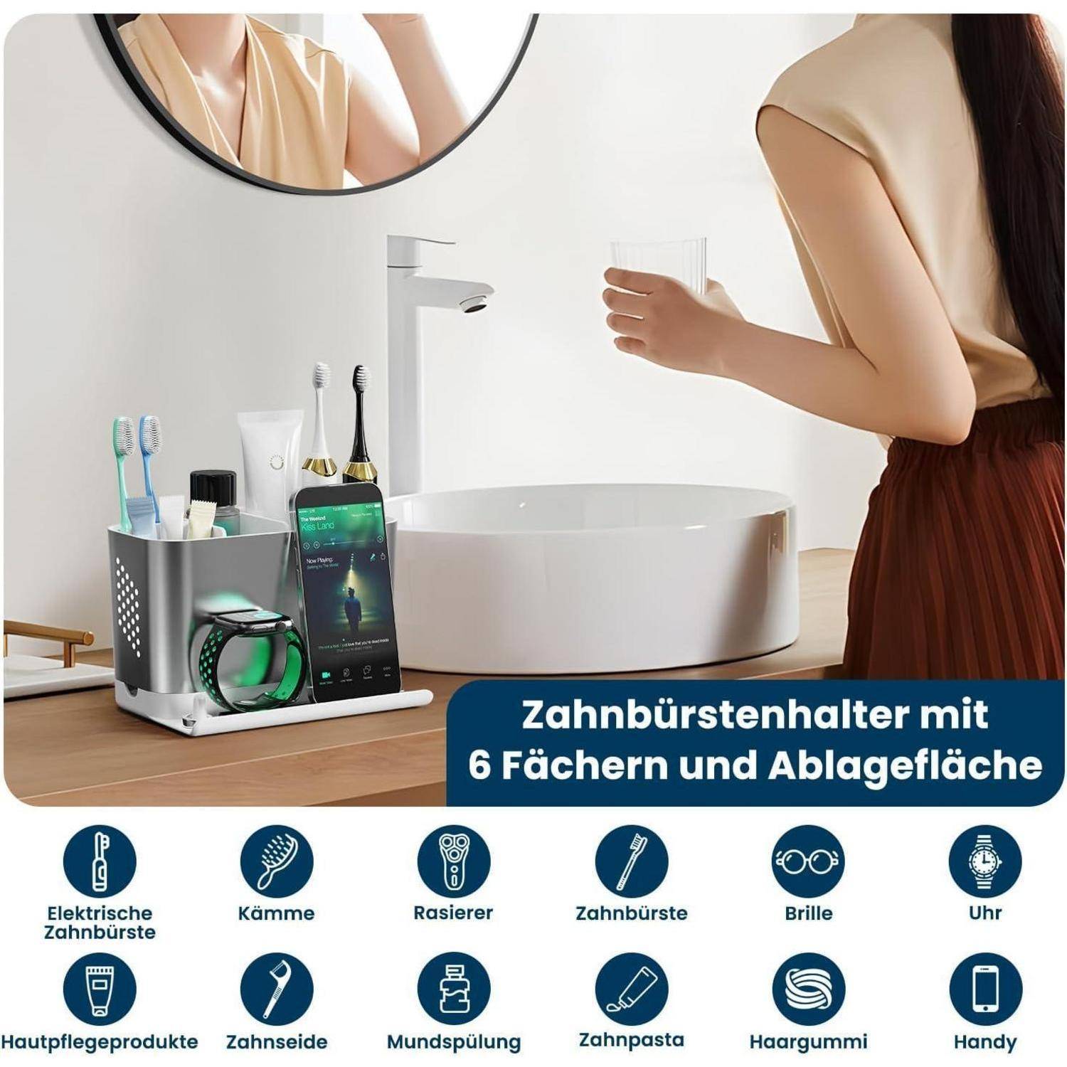 Badezimmer Zahnbürstenhalter Große Kapazität, Elektrische Zahnbürsten Organizer mit Ablage Vorne für Telefon und Ringhalter, Zahnbürste und Zahn
