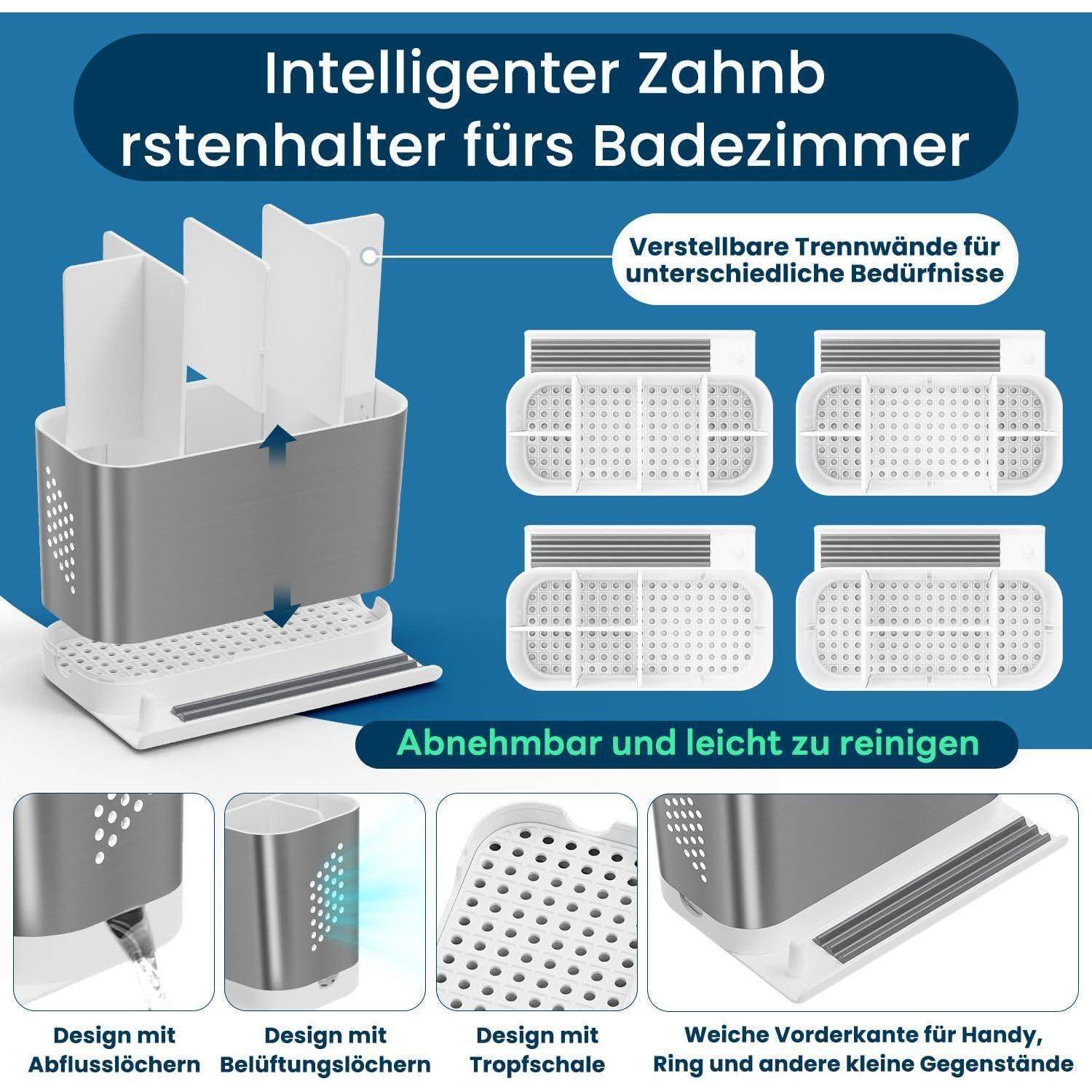 Produktgrafik eines intelligenten Zahnbürstenhalters fürs Badezimmer mit verstellbaren Trennwänden, abnehmbar und leicht zu reinigen, plus Detailansichten der Belüftung und weichen Ablagekante.
