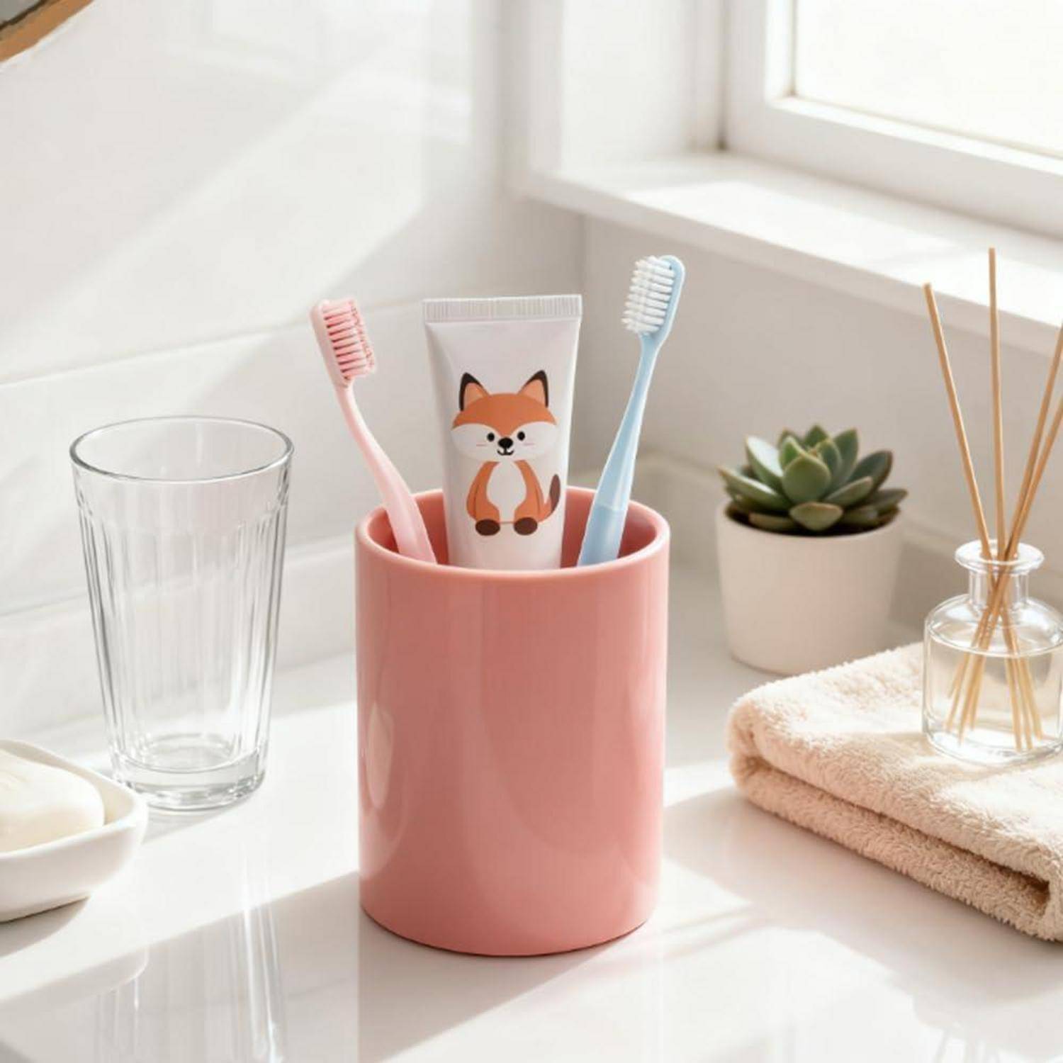 Rosa Zahnbürstehalter mit zwei Zahnbürsten und einer Zahnpastatube auf einem hellen Badezimmertresen, neben einem Glas, einem Handtuch, einer Pflanze und einem Diffuser.