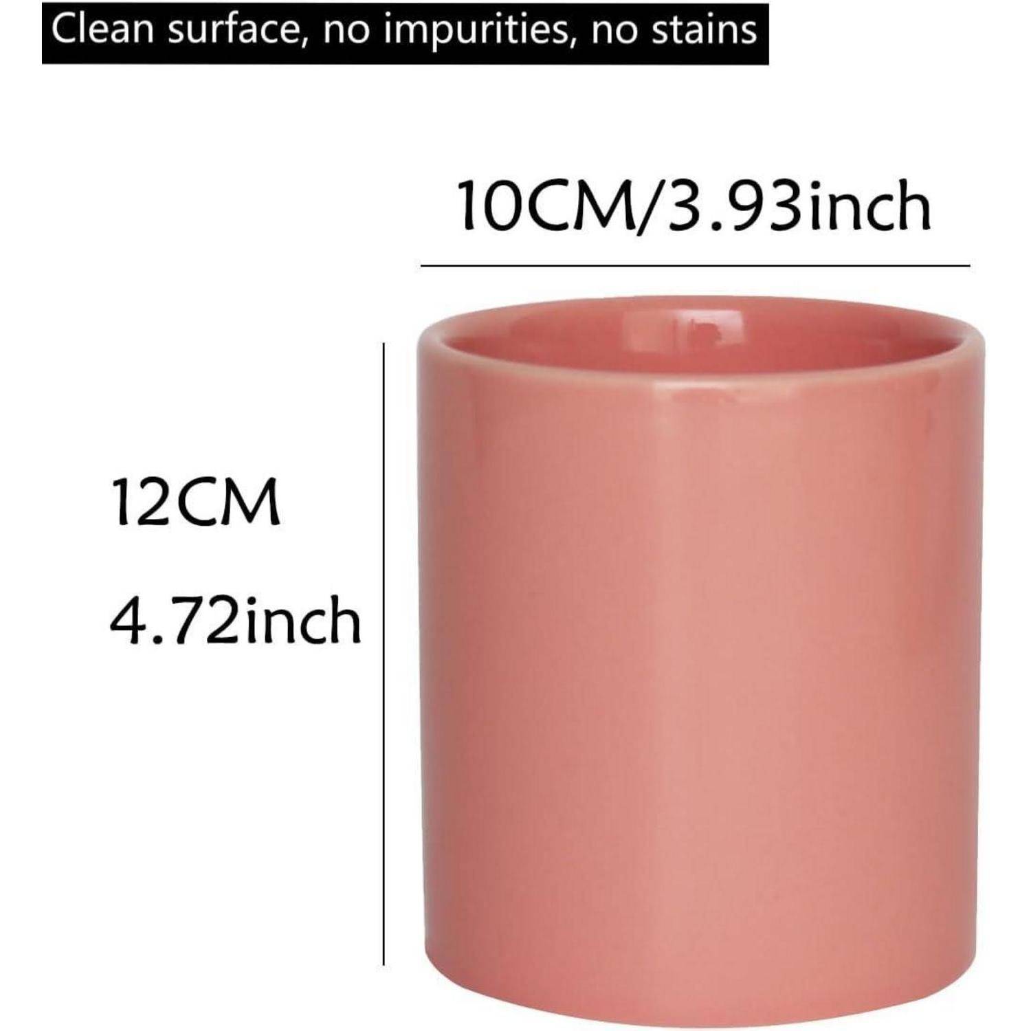 Rosa zylindrische Tasse mit Abmessungen von 10 cm Breite und 12 cm Höhe; Text besagt „Saubere Oberfläche, keine Verunreinigungen, keine Flecken