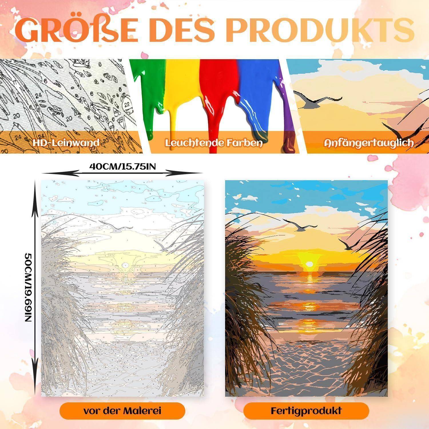 Produktgrößenvergleich-Grafik für eine Malerleinwand, die eine 40 cm x 50 cm Landschaft von der Skizze bis zur fertigen Sonnenuntergang-Strandszene zeigt.