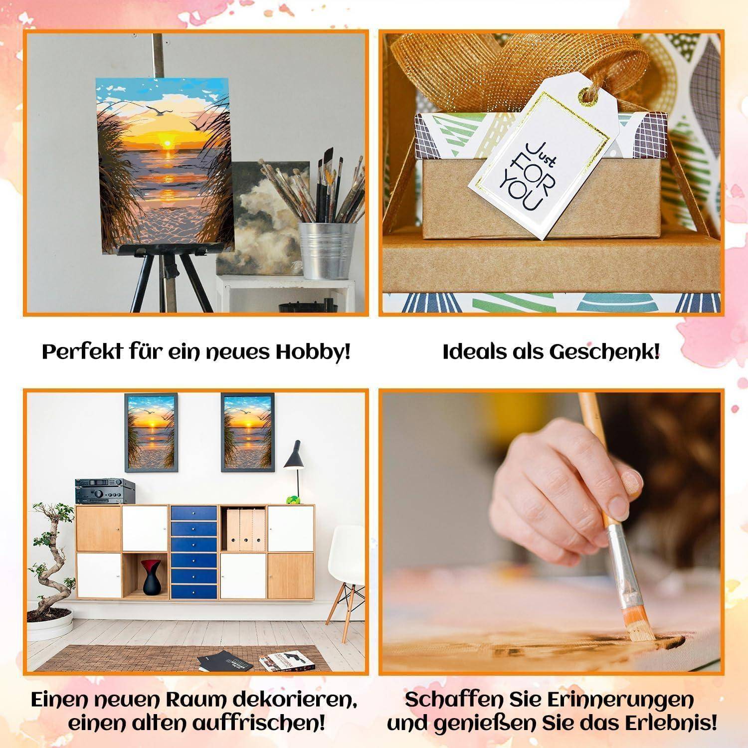 Collage aus Leinwandkunst und Wohndekorationsideen, mit deutschen Bildunterschriften, die besagen, dass es perfekt für ein neues Hobby, ein Geschenk und das Schaffen von Erinnerungen ist.