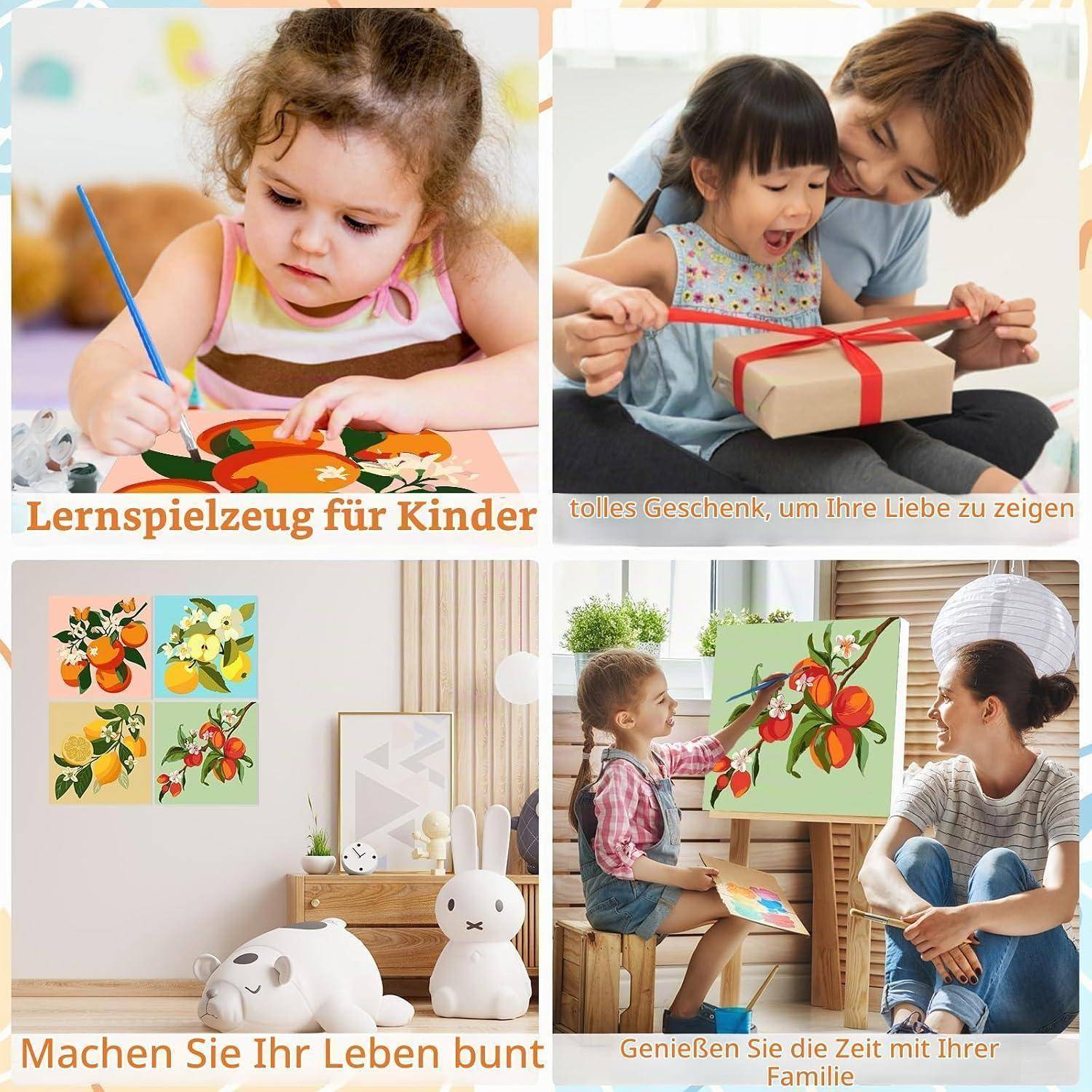 Collage von Kindern, die Kunst schaffen und ein verpacktes Geschenk erhalten, sowie von einem Elternteil und Kind, die zusammen malen – Förderung von Lernspielzeugen für Kinder und gemeinsamer Familienzeit.