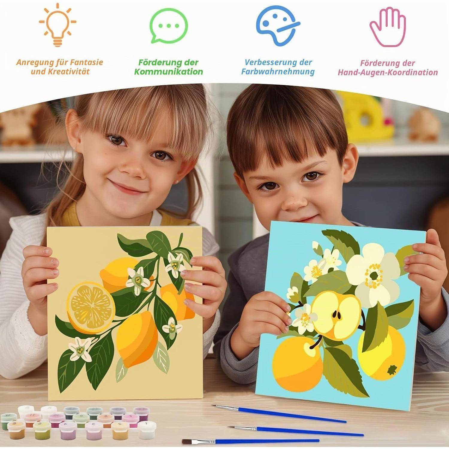 Zwei Kinder halten Obst- und Blumen-Kunsthandwerk-Gemälde an einem Tisch mit Farbdosen und Pinseln; Symbole oben heben Kreativität, Kommunikation, Farbwahrnehmung und Hand-Auge-Koordination hervor.