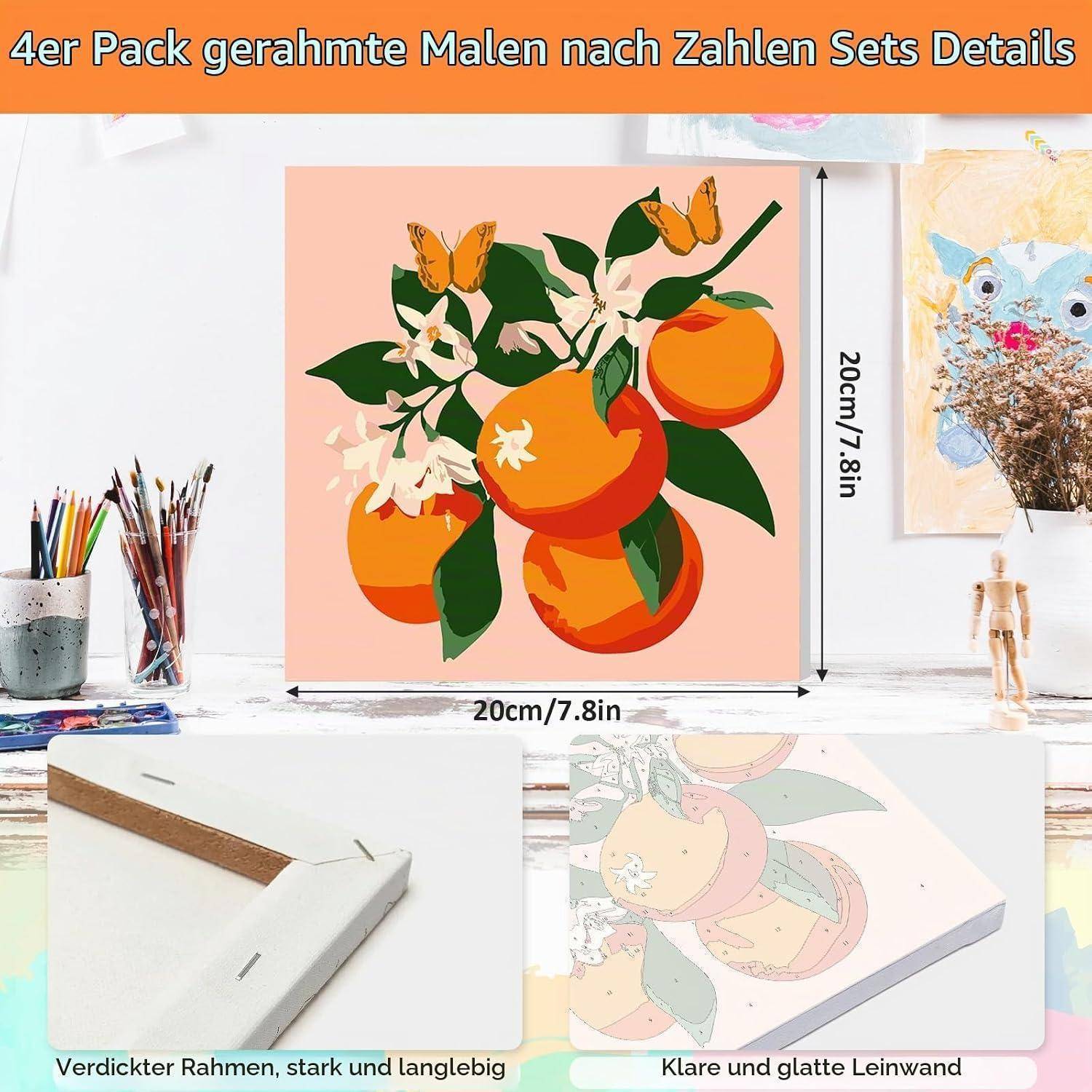 Produktbild eines 4-teiligen gerahmten Malen-nach-Zahlen-Sets mit einer 20 cm x 20 cm großen orange-und-Schmetterlings-Blumenleinen, mit Nahaufnahmen des robusten Rahmens und des glatten Leinen.