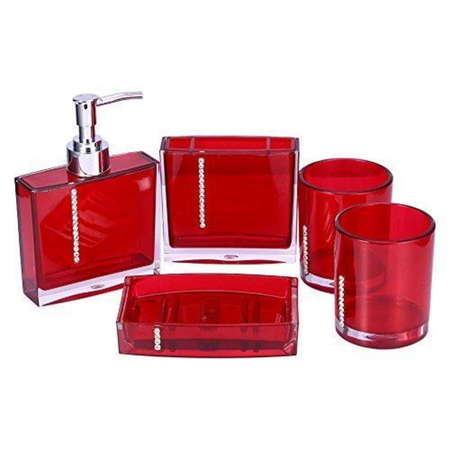 Rotes Badezimmeraccessoire-Set bestehend aus Seifenspender, Papiertuchbox, Zahnputzbecher und Tablett, alle in durchscheinendem Rot mit Silberakzenten.