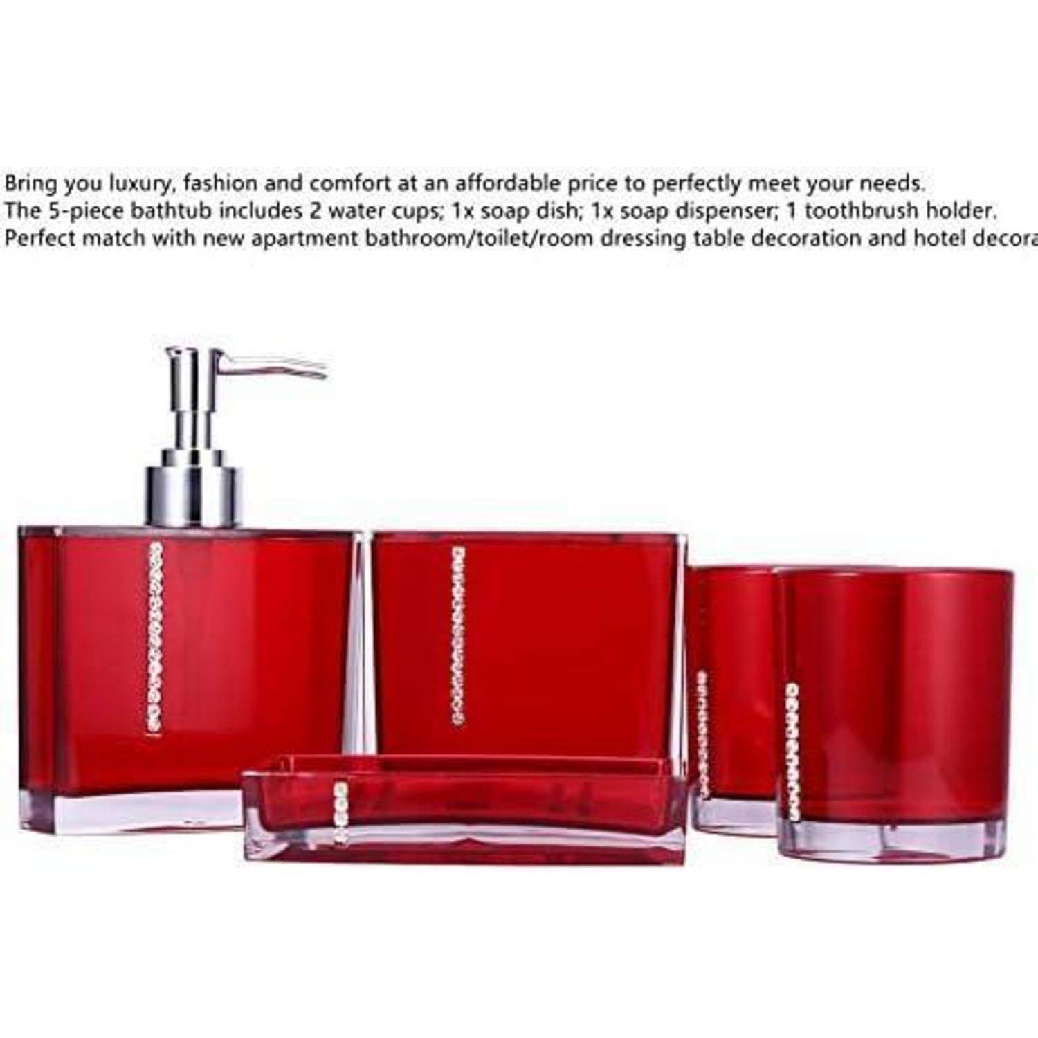 Rotes 5-teiliges Badezimmeraccessoires-Set mit Seifenspender, Seifenschale, Zahnbürstenhalter und zwei Tassen; Promotionstext oben.