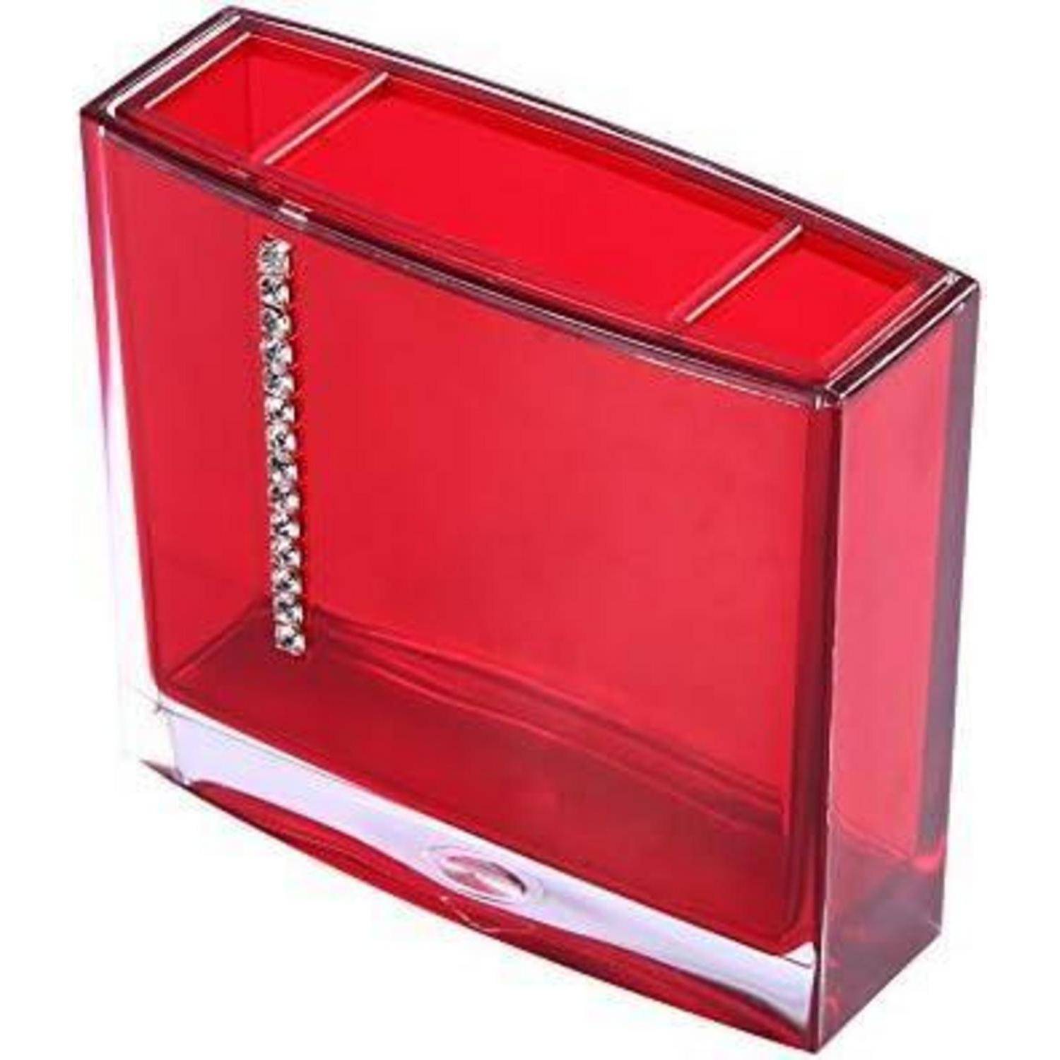 Rote durchsichtige Kunststoff-Organizer-Box mit drei Fächern und einer Reihe von klaren Rhinestones an der Vorderseite.