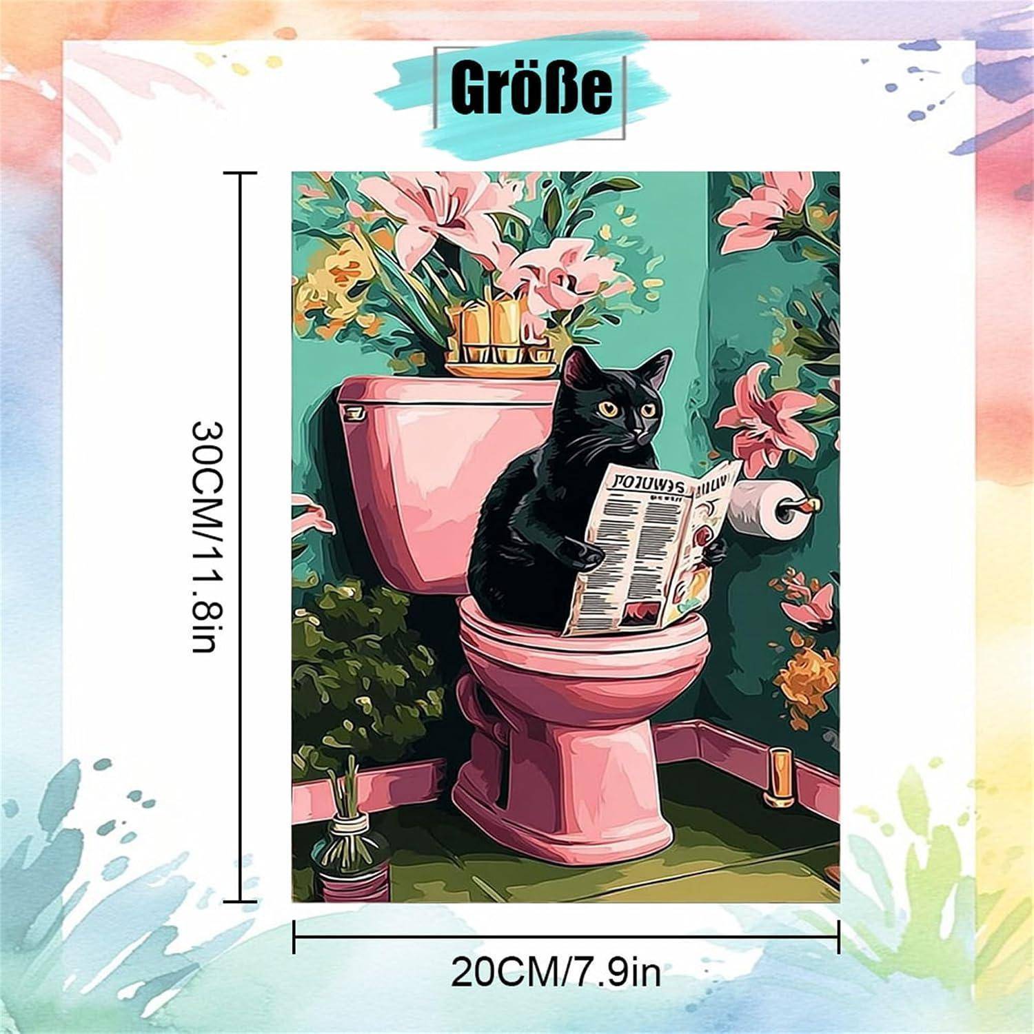 Katze auf einer rosa Toilette, die eine Zeitung liest, als Wandkunst dargestellt; gekennzeichnete Größe 30 cm/11,8 Zoll hoch x 20 cm/7,9 Zoll breit.