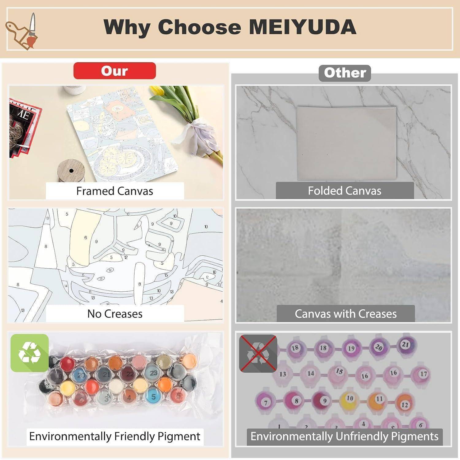 Vergleichs-Infografik, die MEIYUDA-Vorteile zeigt: gerahmte Leinwand ohne Falten und umweltfreundliche Pigmente gegenüber gefalteter, geknitterter Leinwand und umweltschädliche Pigmente.