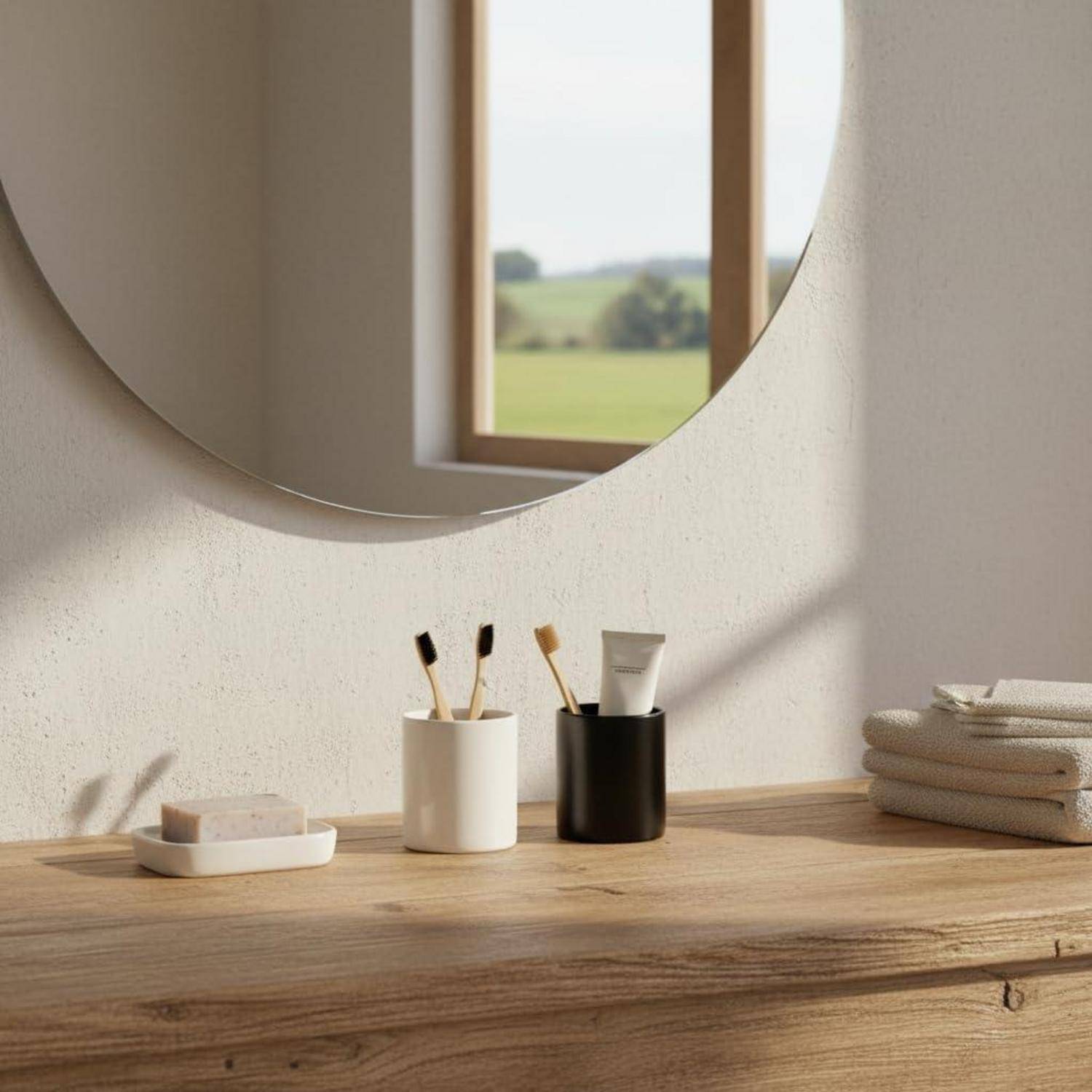 Minimalistischer Badezimmerwaschplatz mit rundem Spiegel, zwei Zahnbürstenhaltern, Seifenschale, gefalteten Handtüchern und Sonnenlicht durch ein Fenster.