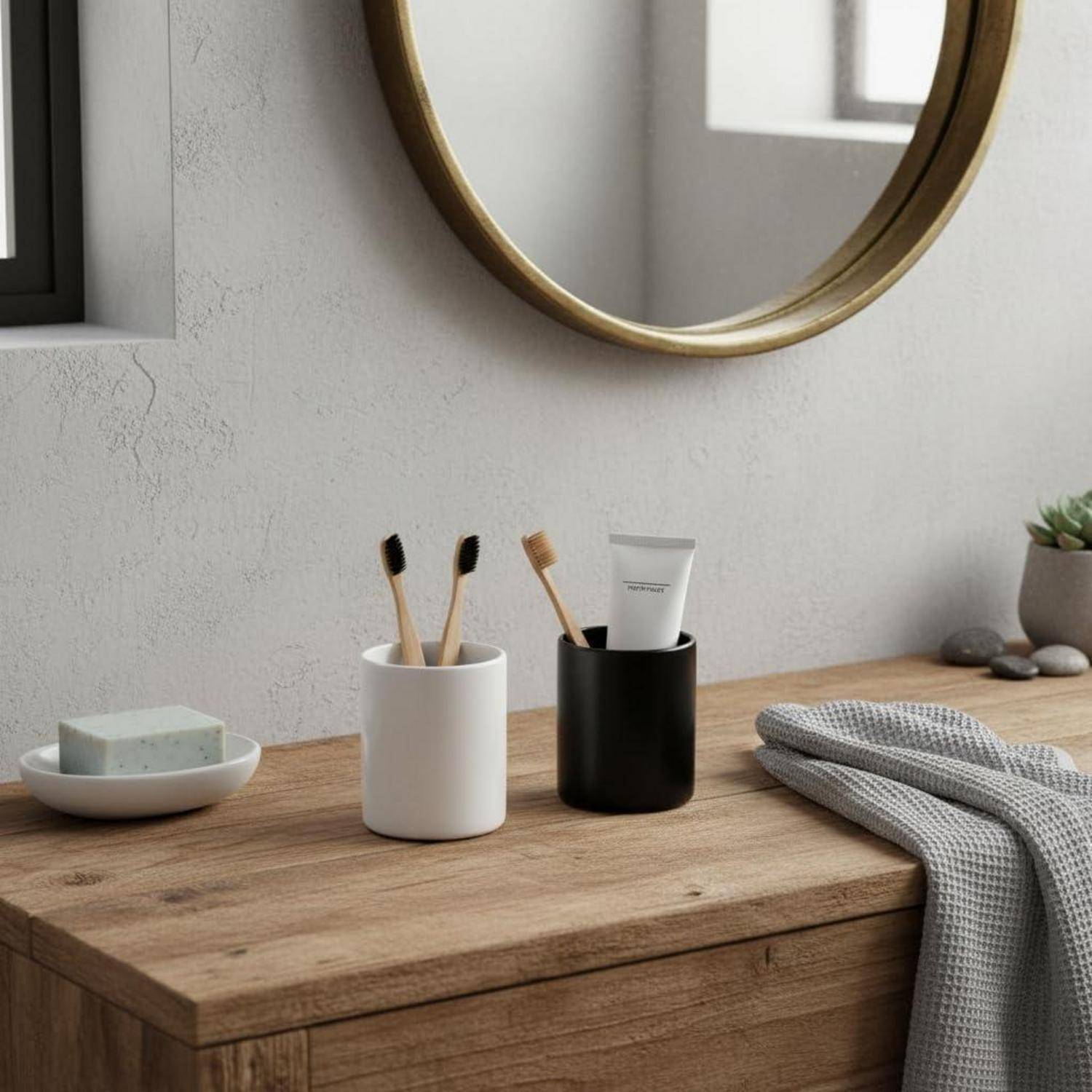 Badezimmer-Waschtisch mit Holzplatte, rundem Spiegel, Zahnbürsternbecher, Seifenschale und gefaltetem Handtuch, das ein sauberes, minimalistisches Setup zeigt.