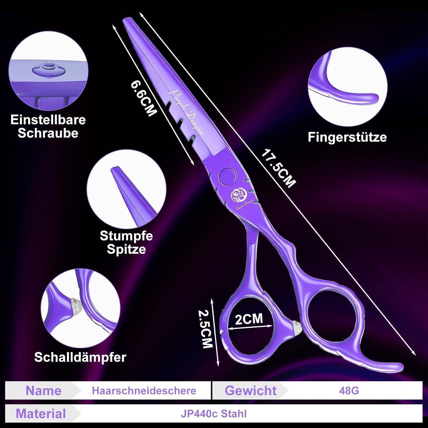 Violette Haarschneideschere mit deutschen Beschriftungen, die die verstellbare Schraube, die Fingerauflage, die stumpfe Spitze, den Schalldämpfer, die Länge von 17,5 cm, das Gewicht von 48 g und den JP440c-Stahl hervorheben.