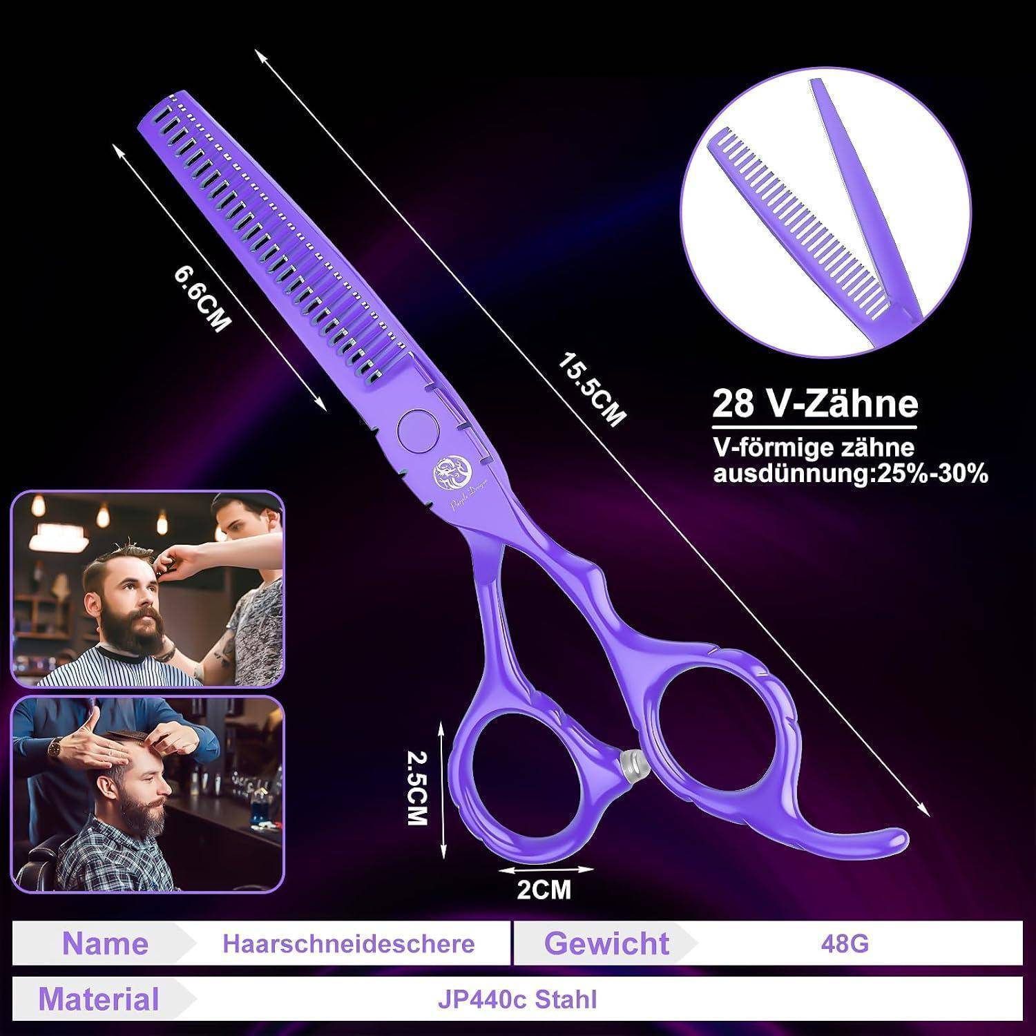 Violette Haarschneideverdünnungsschere mit 28 V-förmigen Zähnen, zeigt Größenmessungen und Produktspezifikationen: 15,5 cm lang, 48 g, JP440c-Stahl